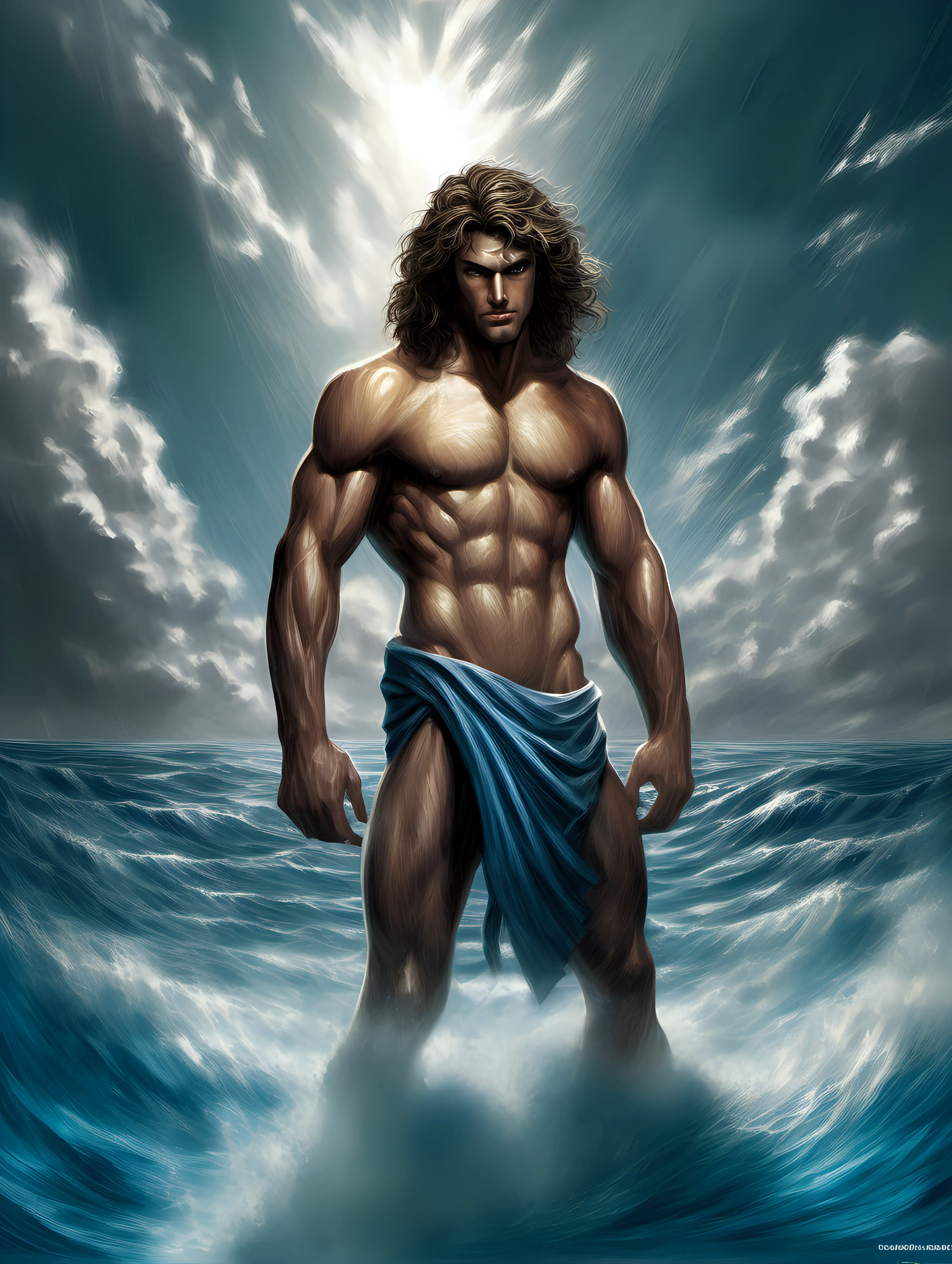 character from greek mythology : handsome hairychest young Narcissus from greek mythology, 29 years old, leg armor, oceanblue eyes, long hair, stubbles, very muscular and toned, oiled up, very sweaty, show hairy chest, show hairy abs, muscular, full body shot, looking into his mirror in a water, thinking face, ocean, blue sky, silver lining and some heavy clouds