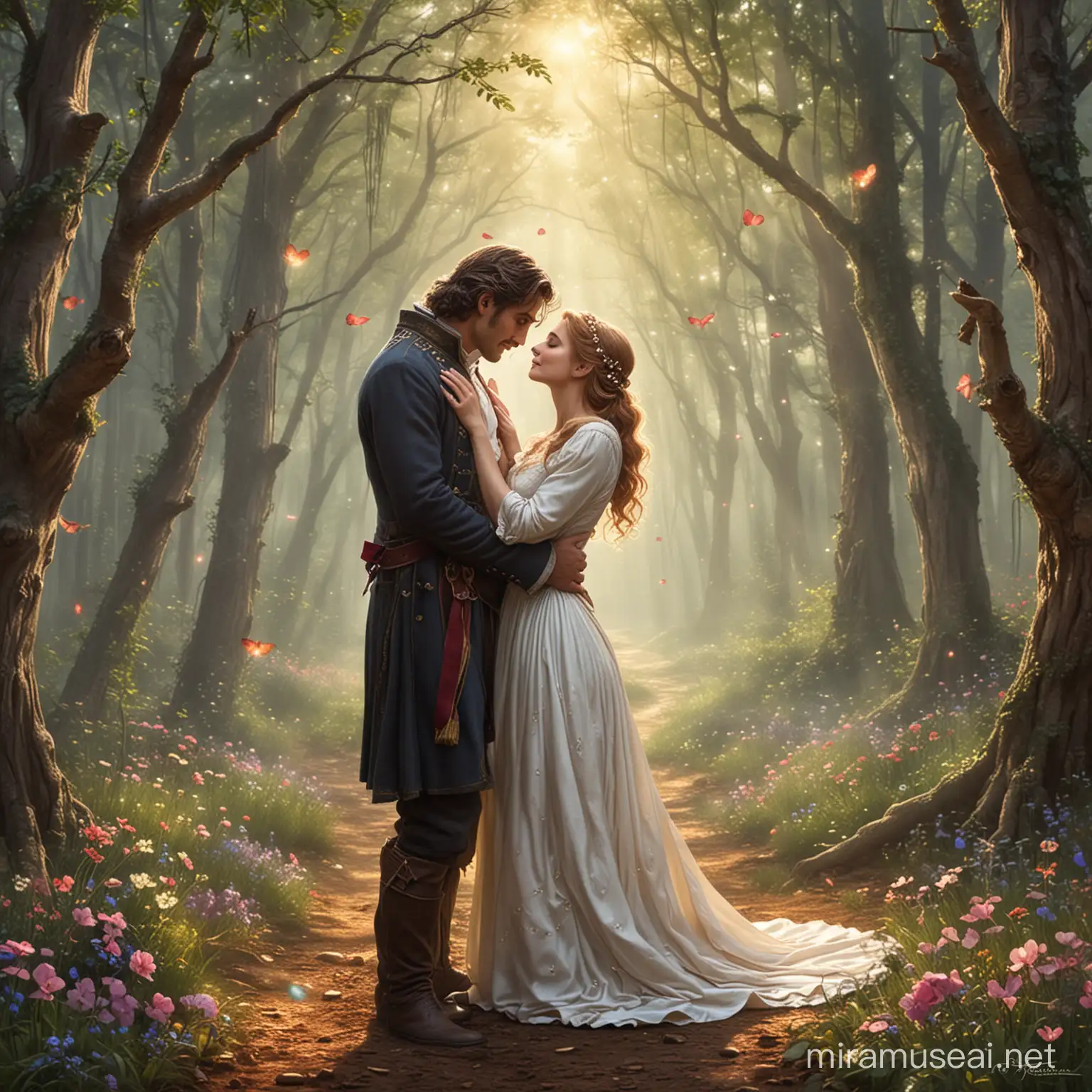 Enchanted Lovers Embracing in a Mystical Forest