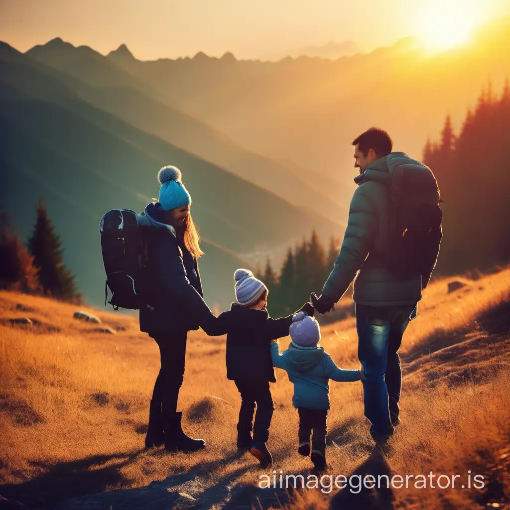 happy family 2024 with a dad and mom baby boy and girl 9 years old  in the montains sun rise