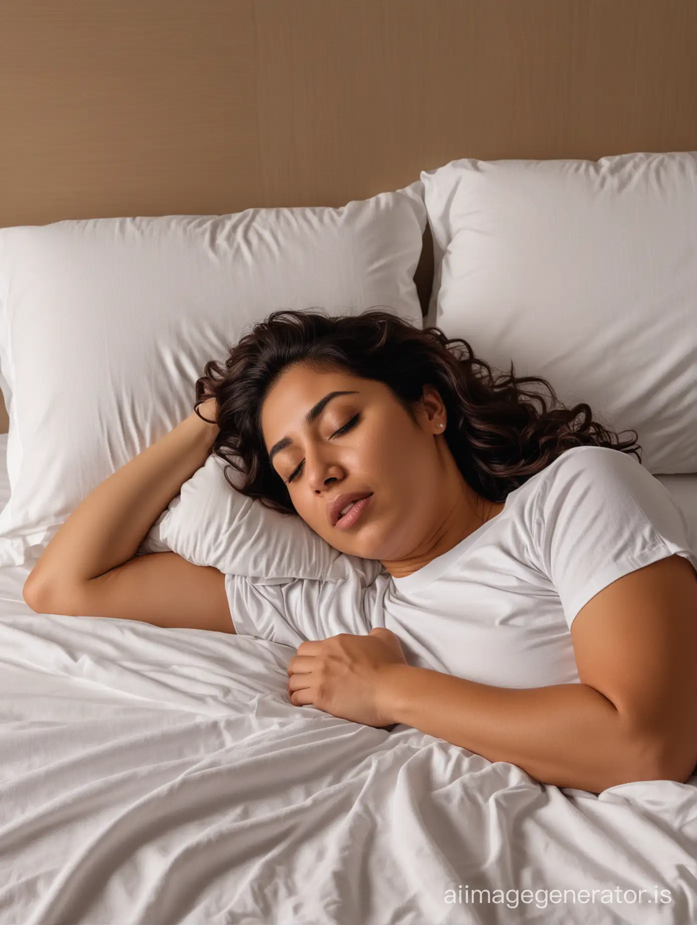 latina mother sleeping, curled up, hotel bed, plain t-shirt, dark room, mouth open