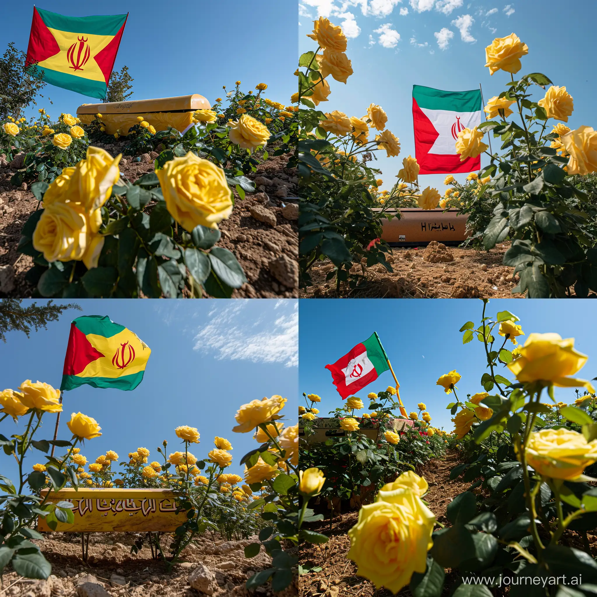 A coffin bearing the Hezbollah flag, facing toward the blue sky, is placed on the ground, surrounded by yellow roses
