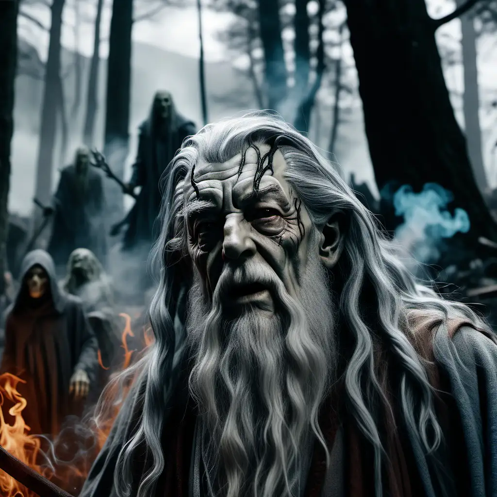 W ultra realistycznym 8K zdjęciu z bliska ukazuje się obcięta głowa Gandalfa, Kolory są niezwykle ostre, podkreślając detale postaci. Undead Rogue ucieka przez ciemny, palący się las, w którym unoszą się kłęby dymu, tworząc dramatyczną atmosferę. W oddali widoczny jest cmentarz, dodając tajemniczy akcent do tej intensywnej sceny.
