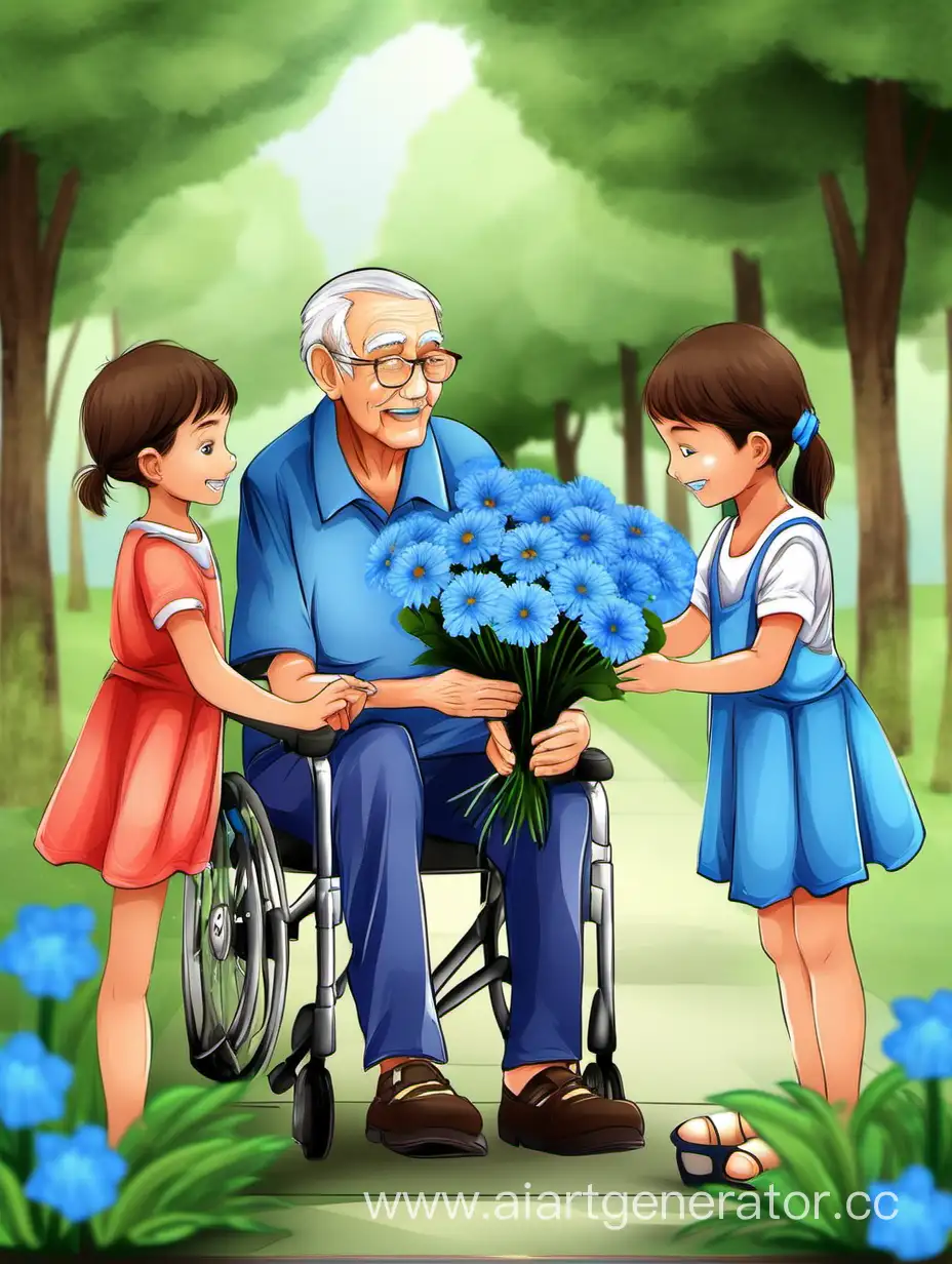 дети дарят голубые цветы пожилому дедушке