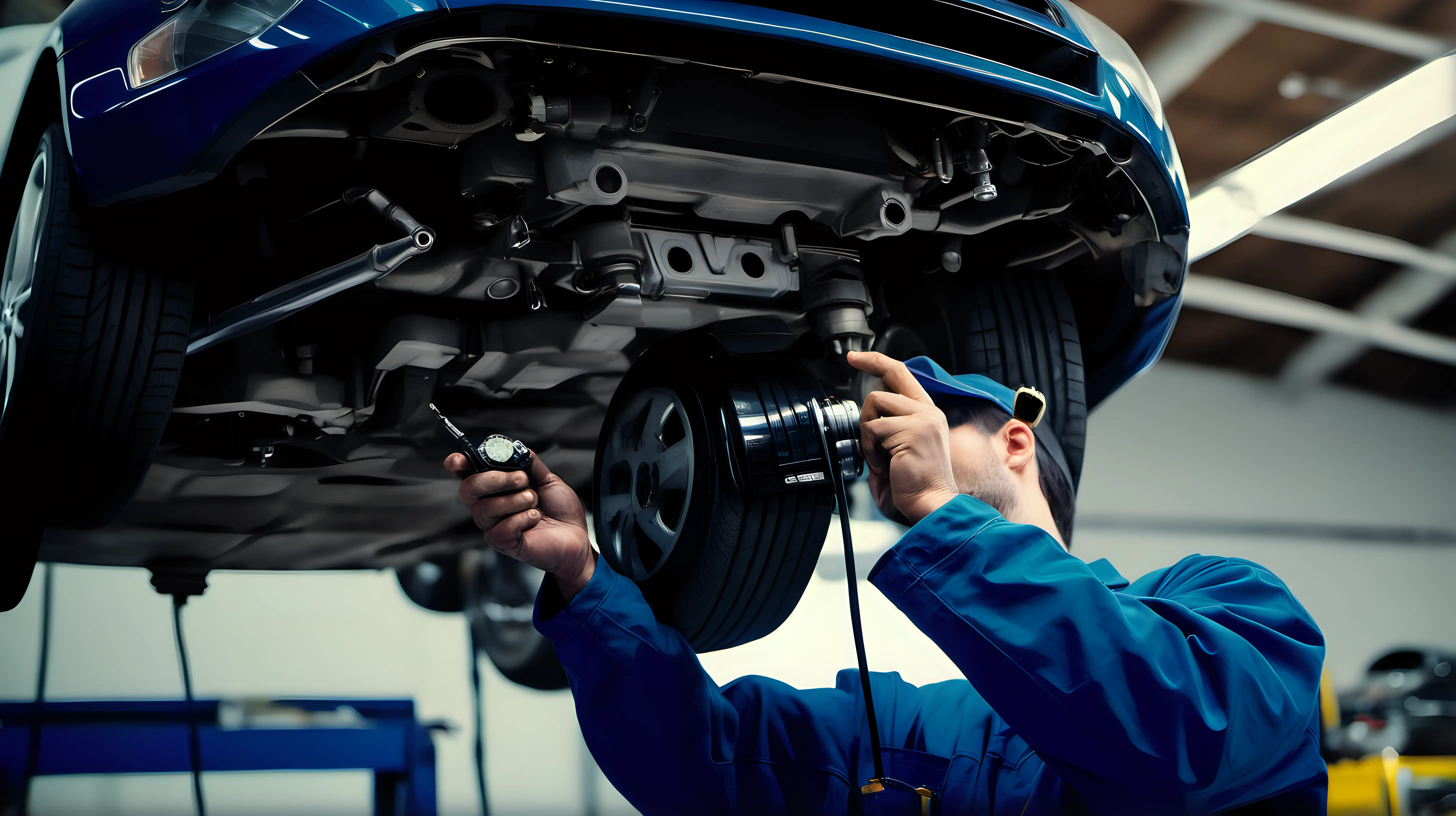"Photograph the mechanic as they perform routine maintenance on the car, their expertise evident in every meticulous adjustment and inspection. Keep the camera at a distance to highlight the precision and attention to detail inherent in their craft."