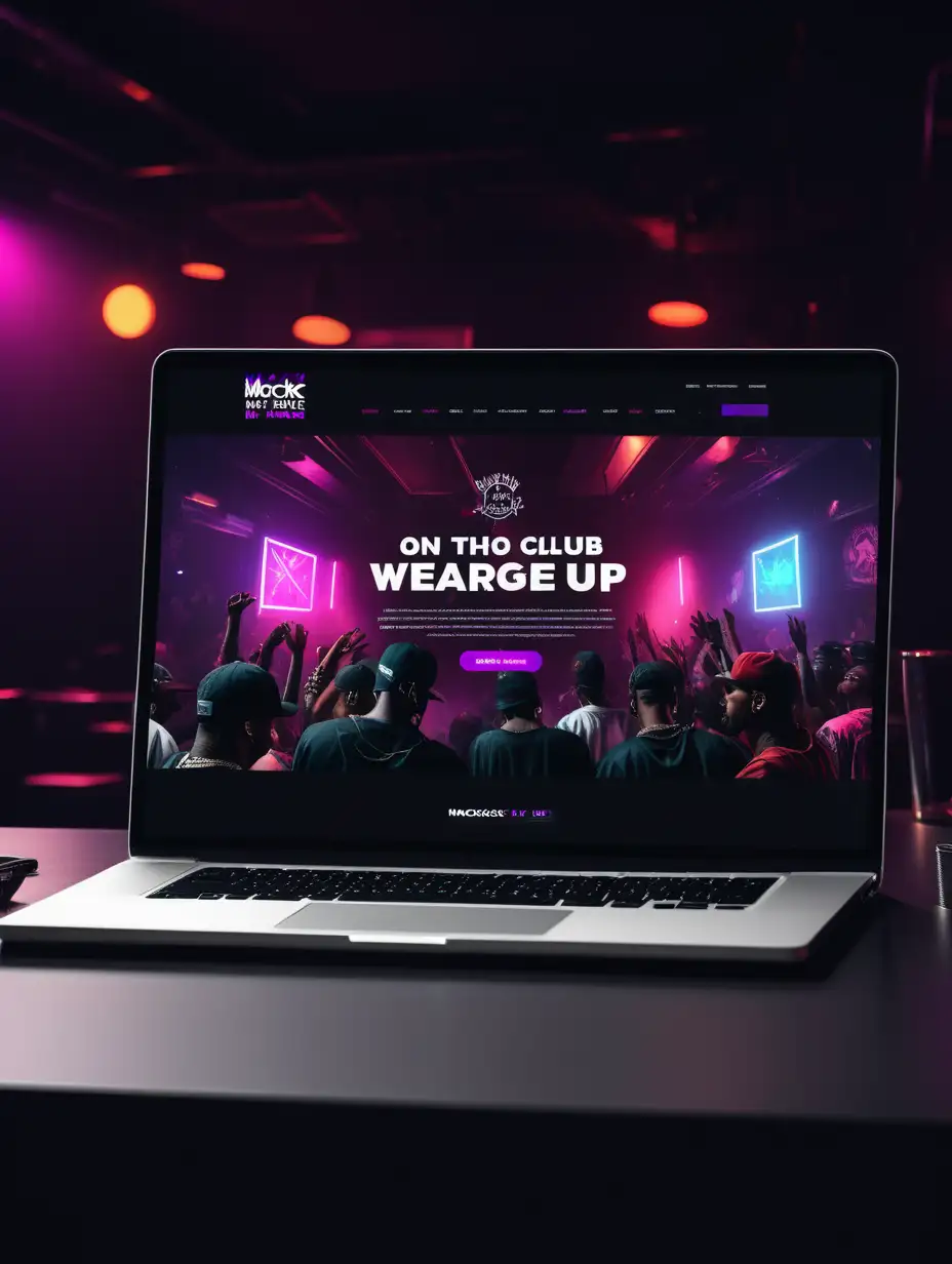 mockup image of webpage on laptop. dark vibrant hip-hop club setting.