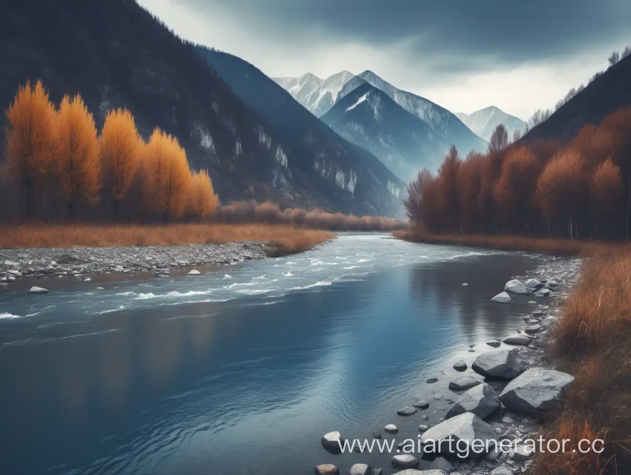 Tranquil-Autumn-Landscape-River-and-Mountain-Scenery-in-Gray-and-Blue-Tones