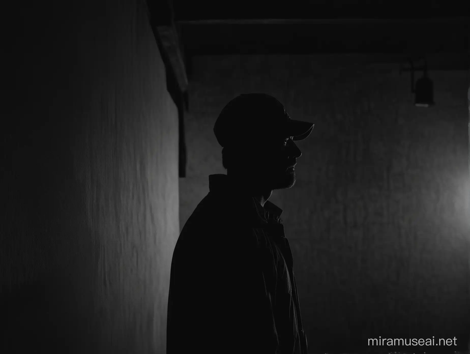 Silueta de un hombre adulto con gorra para en un rincón de una casa oscura por la noche