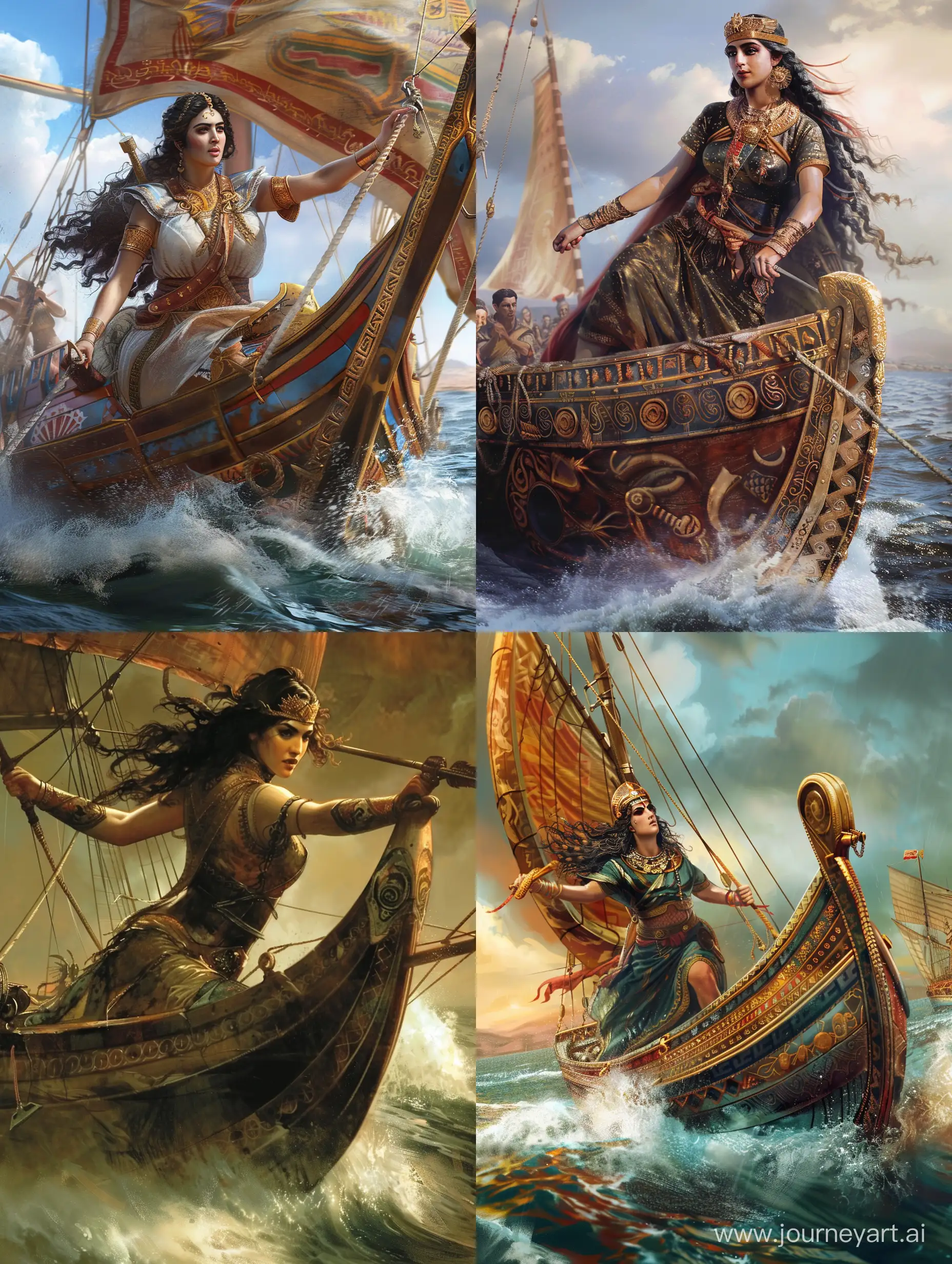 تصویر واقع گرایانه از آرتیمیس، زن دریاسلار ارتش ایران باستان، سوار بر کشتی