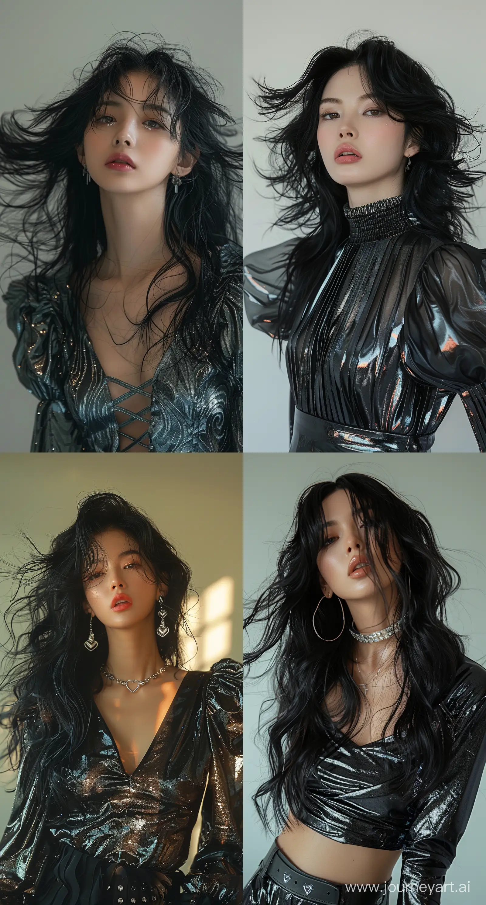 a woman with flowing, black hair is posing wearing chrome hearts style, in the style of dain yoon, soft edges and blurred details, captures raw emotions, multilayered, soft edges, wavy, distinct facial features --ar 69:128 --stylize 750 --v 6