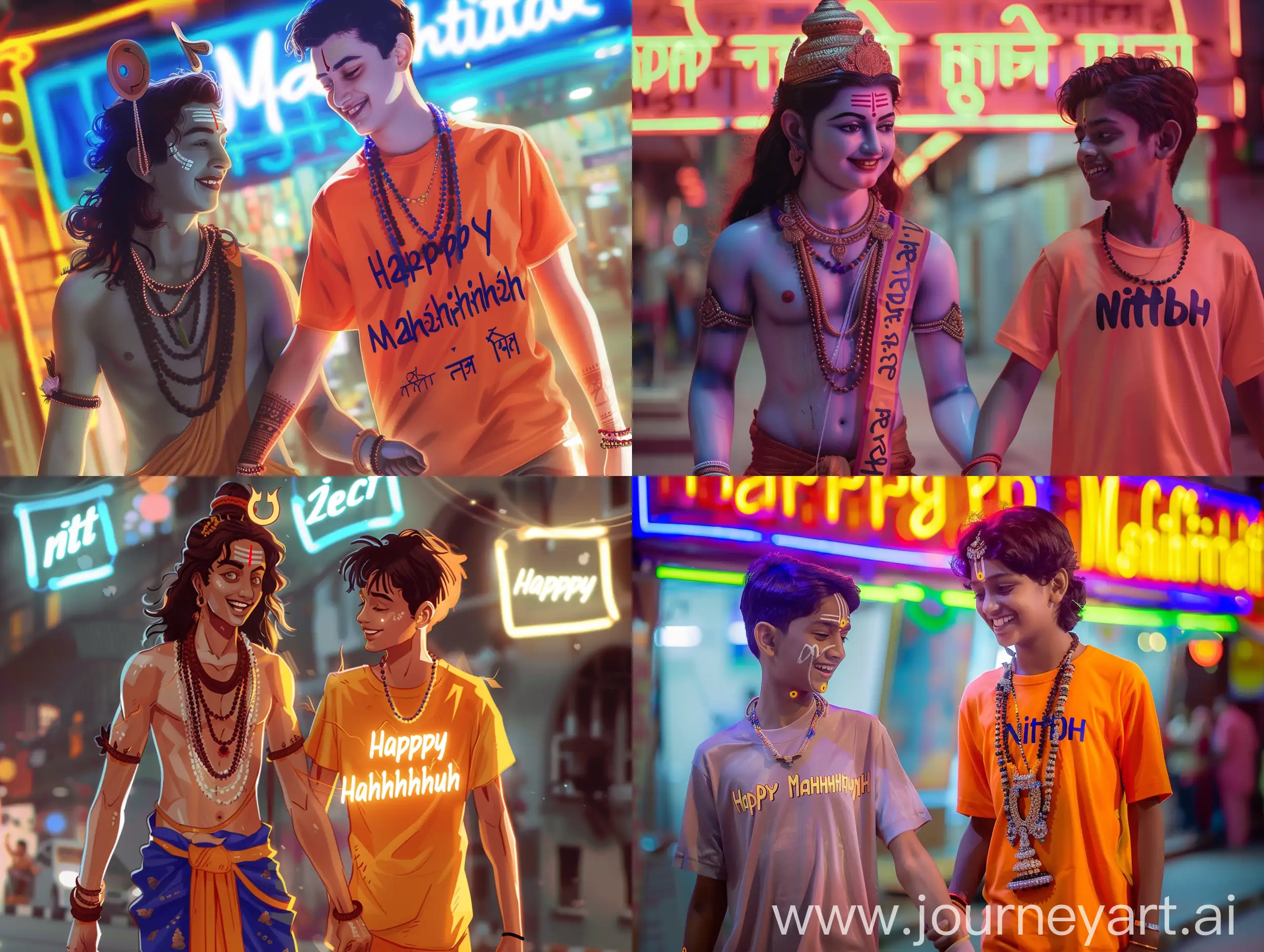 " Create an illusion the 15 year old boy closeup of lord Mahadev holding hand walking with a 20 year old boy wearing a saffron tshirt written name " Nitish " Big and capital font. both smiling. Background neon labels proudly display the caption " Happy Mahashivratri " , soft light reflection