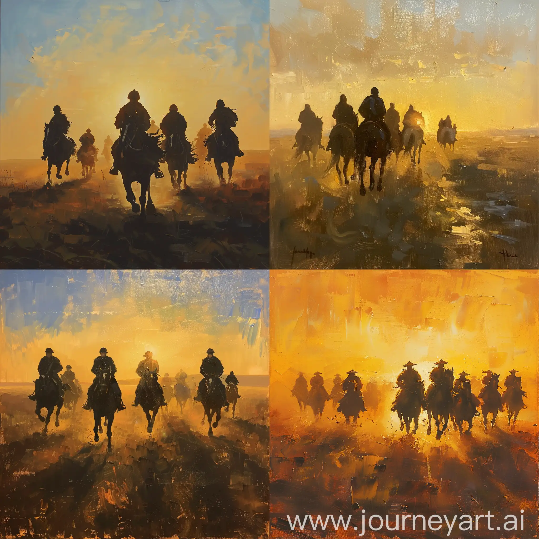 "Amidst the vast expanse of the Mongolian steppe, a group of nomadic cavalry riders gallops across the horizon, their silhouettes blending with the golden hues of the setting sun. Capture the dynamic energy and rugged beauty of this scene in an oil painting, highlighting the timeless connection between the nomads and their majestic steeds."