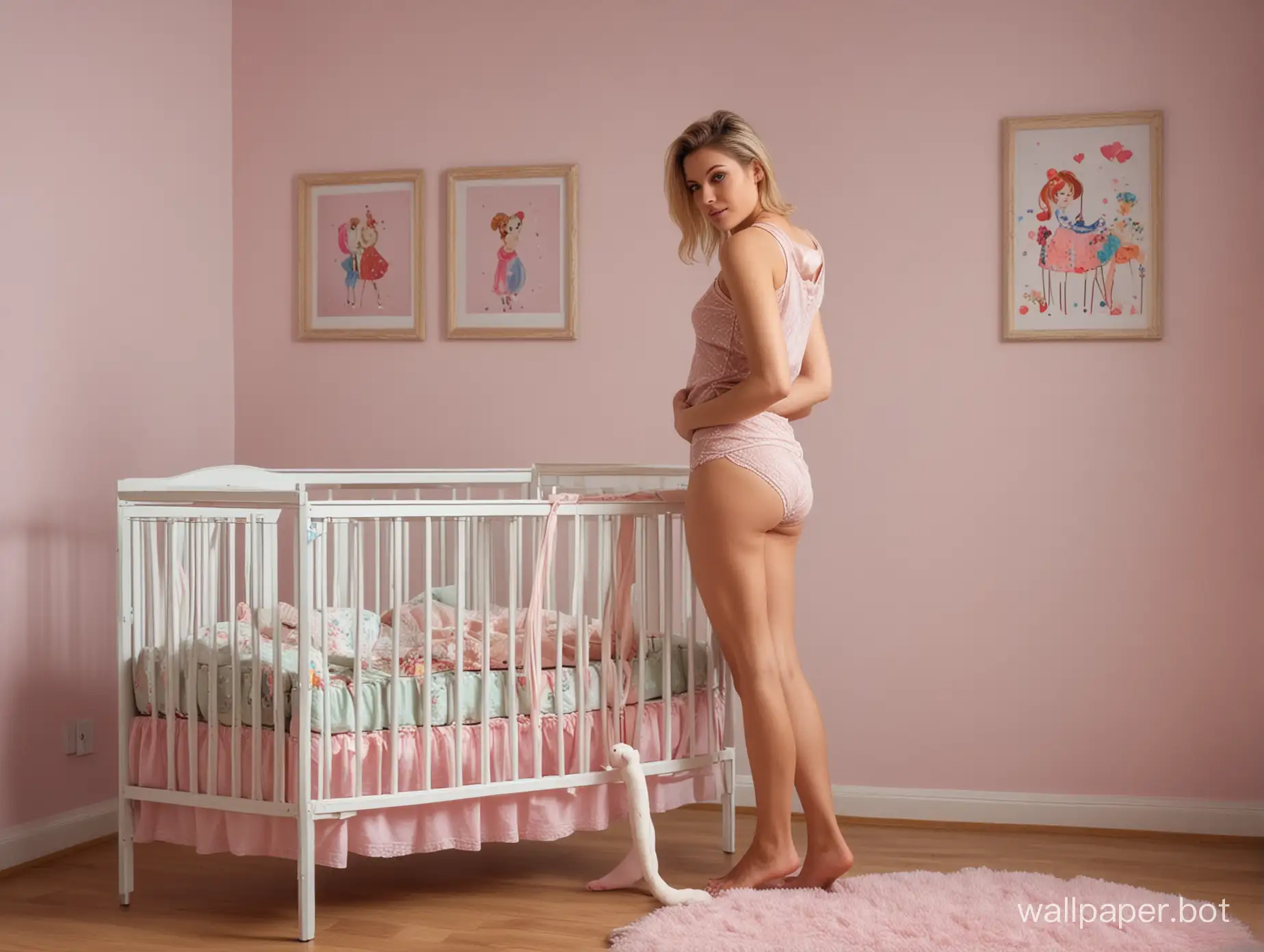 showing sexual desire, shaking for lust, standing in a colorful and big european girls room, a 35-years-old mother leaning over the frames of a girls baby crib. looking back over her shoulder to the viewer. seducing the viewer. transparent Neglige. short dark blonde hair. show full body, slim body type. natural light, highly detailed, sharp image.