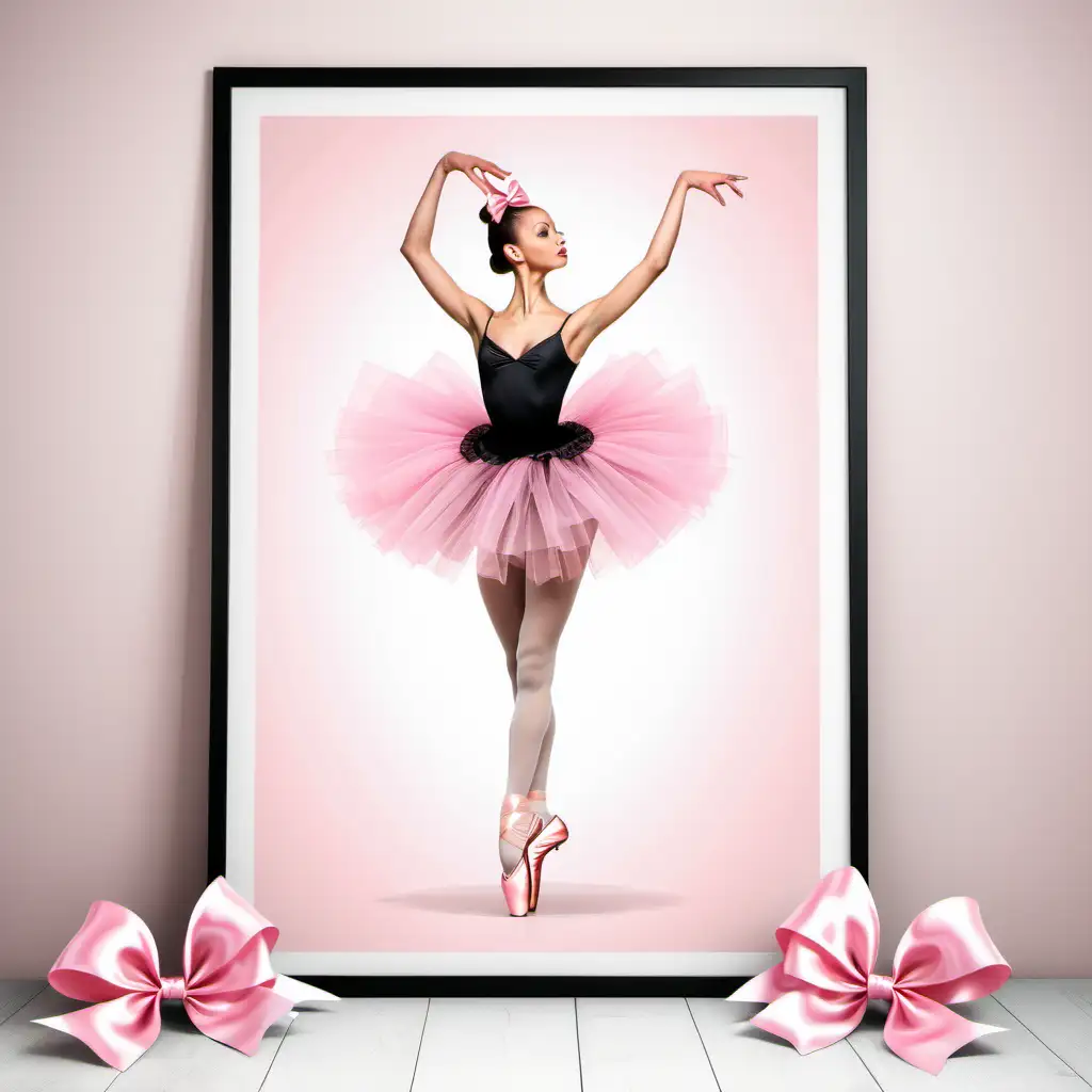Design a coquette style poster with pink bows, black ballerina with pink tutu standing on pointe in the center, no words included 