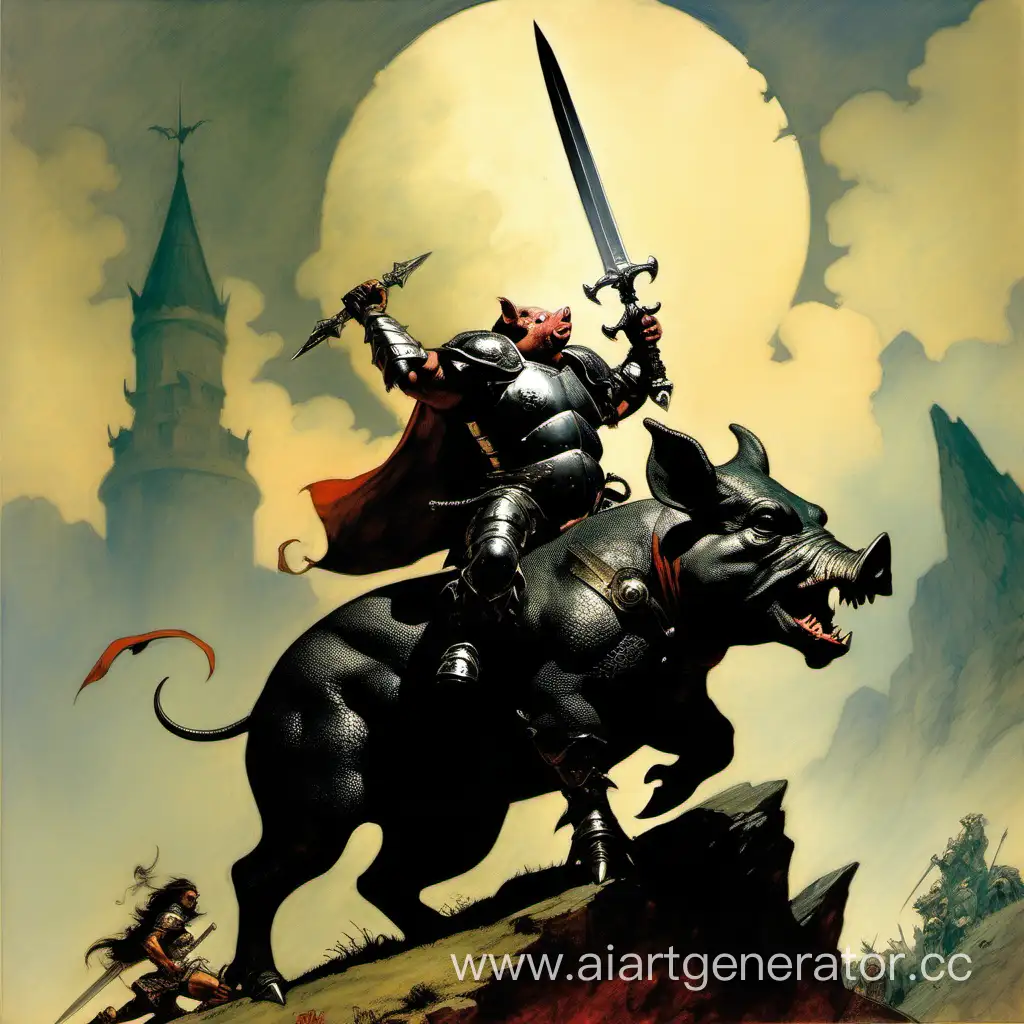 Frank frazetta style. pig in the middle age armor. on the top of the hill  pointing the sword toward the black dragon 

