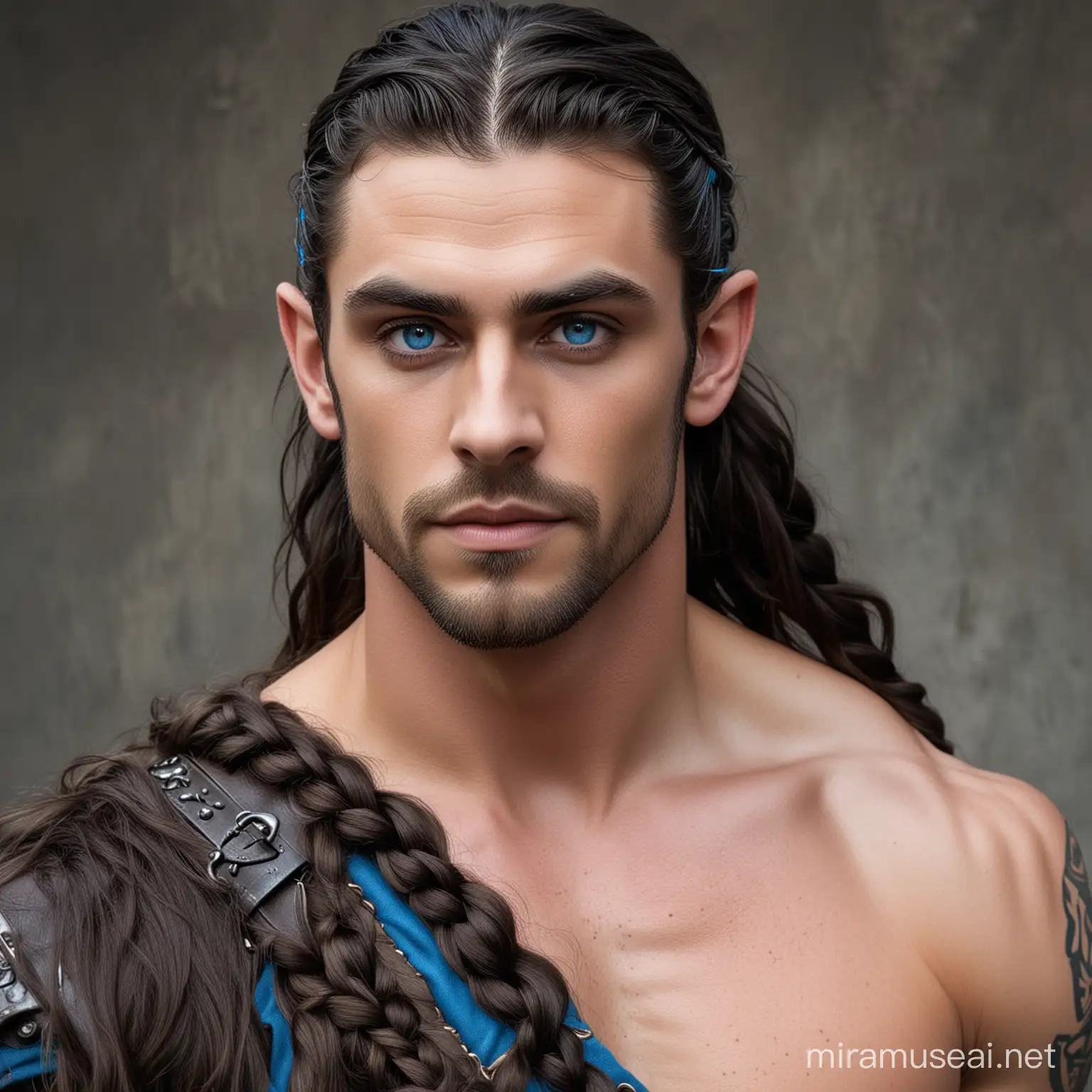 Muscular dark haired male elf with long hair French 
braided to hang over one shoulder, a close cut beard and large bright blue eyes