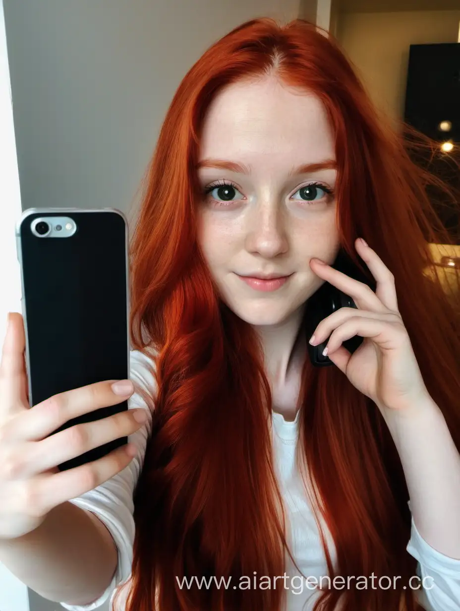 девушка с длинными рыжими волосами делает селфи, держа телефон в руке