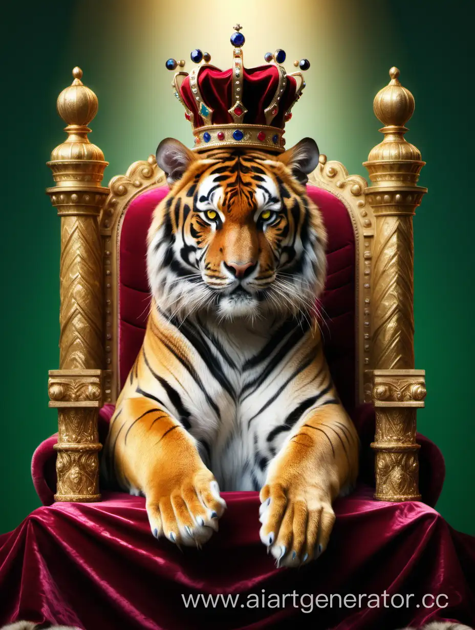 тигр, красивый, король, трон, корона, изумруд, рубин, сапфир, шуба, дворец, золото, яркий фон, детализация