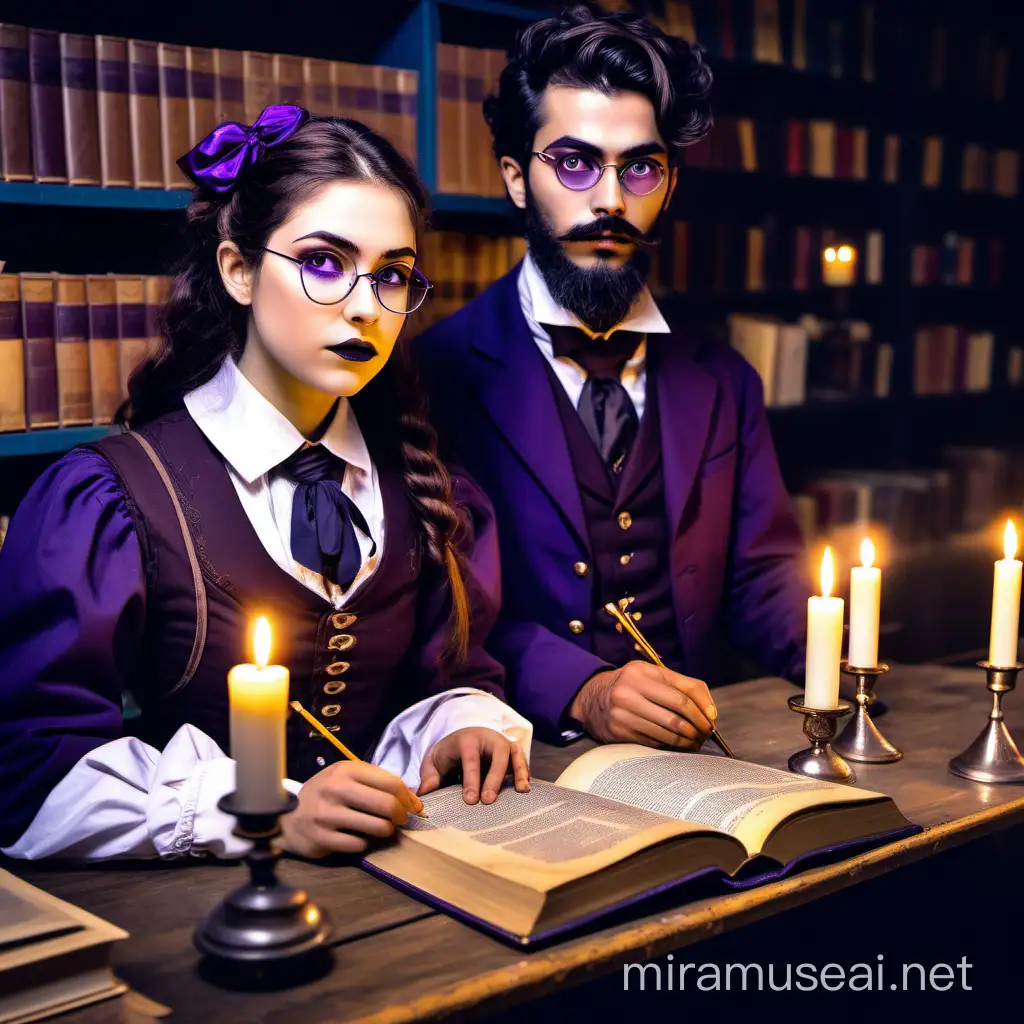 A lectures about dead languages in class with من old books and candles, students are wearing 1880s inspired school uniforms, school has dark Academia dark Fantasy steampunk vibes and the teacher is of Fairy descendent, malé with beards and wearing a dark purple suits and also is wearing glases