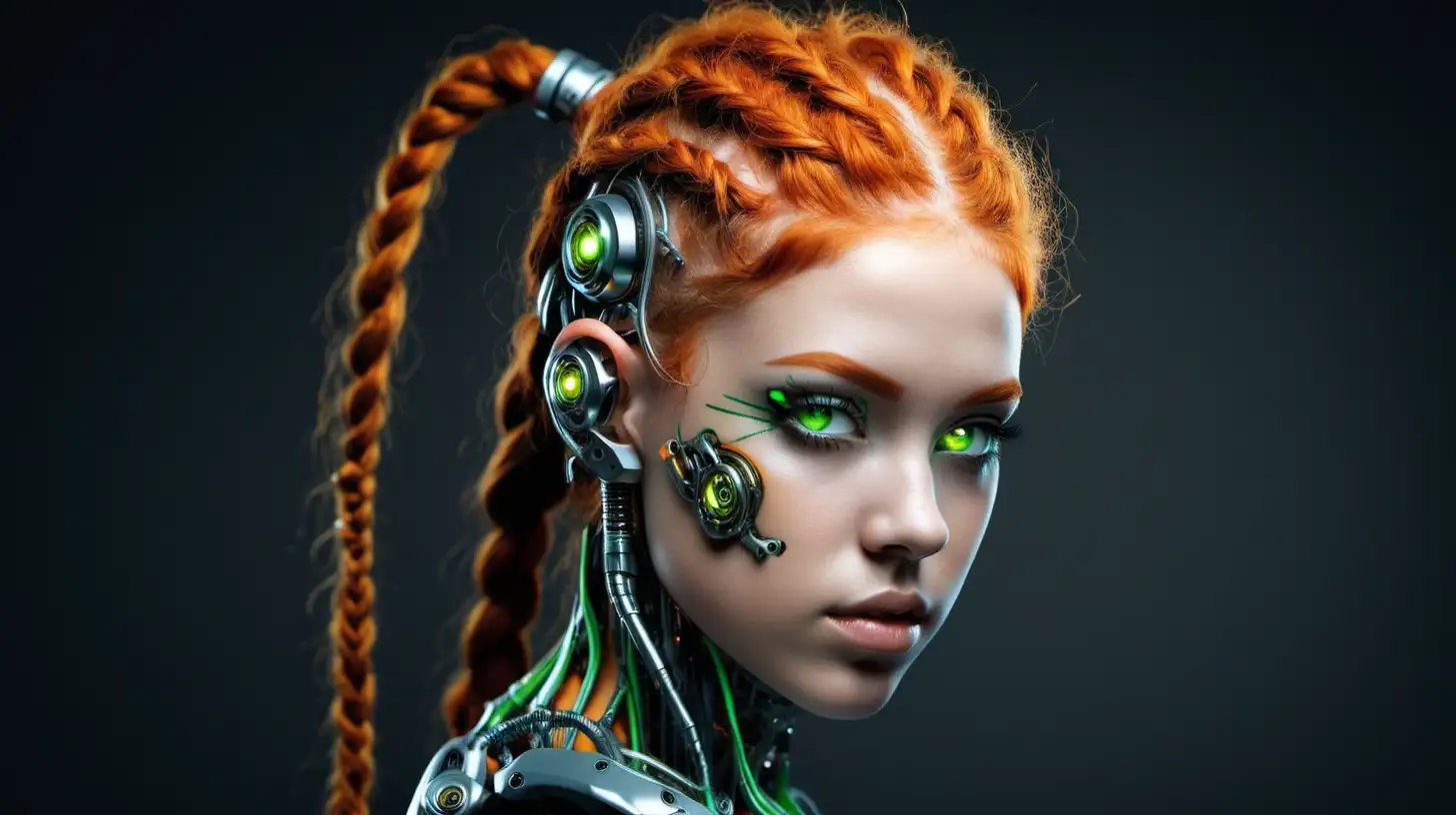 Cyborg woman, 18 years old. She has a cyborg face, but she is extremely beautiful. Orange wild hair, braids, green eyes. She has beautifully-shaped ears.