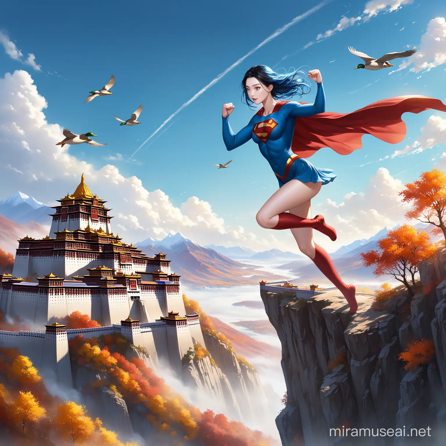 birdview , ultra detail ,SUPER WOMAN real face 28years old fanbingbing WITH THE OUTFIT OF SUPERMAN, open blue hair, shining eyelights, flying over sharp cliff in air flying, real fist and hand properly , real longer legs extend, autumn, cloudy, misty ,clearsky, mallard scared by her, vast moutain around,real look Potala Palace，tibet,