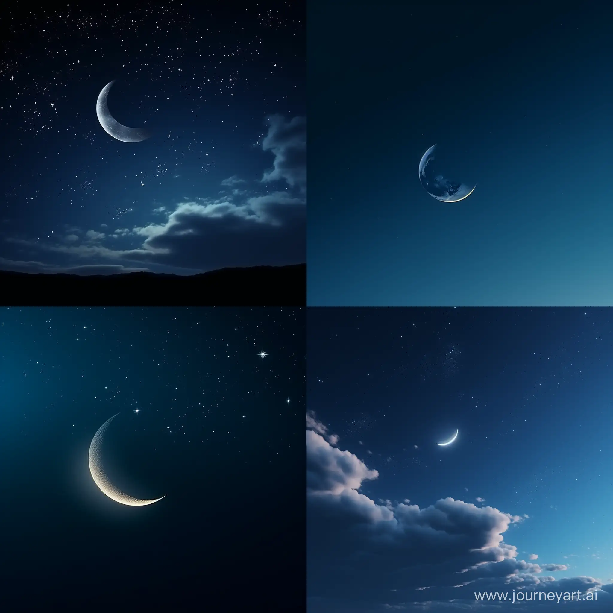 The navy blue sky stretched above, clear and cloudless. In the distance, the crescent moon adorned the sky, realistic photo,cinematic lighting, looking from the ground to the sky