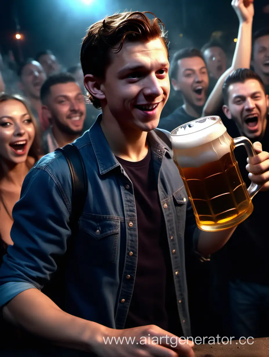 Том Холланд под кайфом, притягивает паутиной кружку пива, рядом толпа людей подняли вверх стаканы с напитками, в хлам пьяный, дымно, ночной клуб, все веселые, гиперреалистичное фото, высокая детализация, 8к