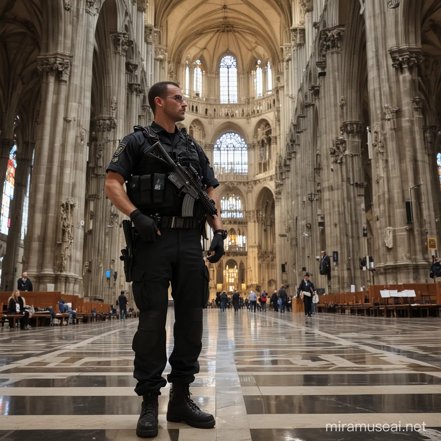 Un policía de operaciones especiales en la Catedral de Milán en Italia
