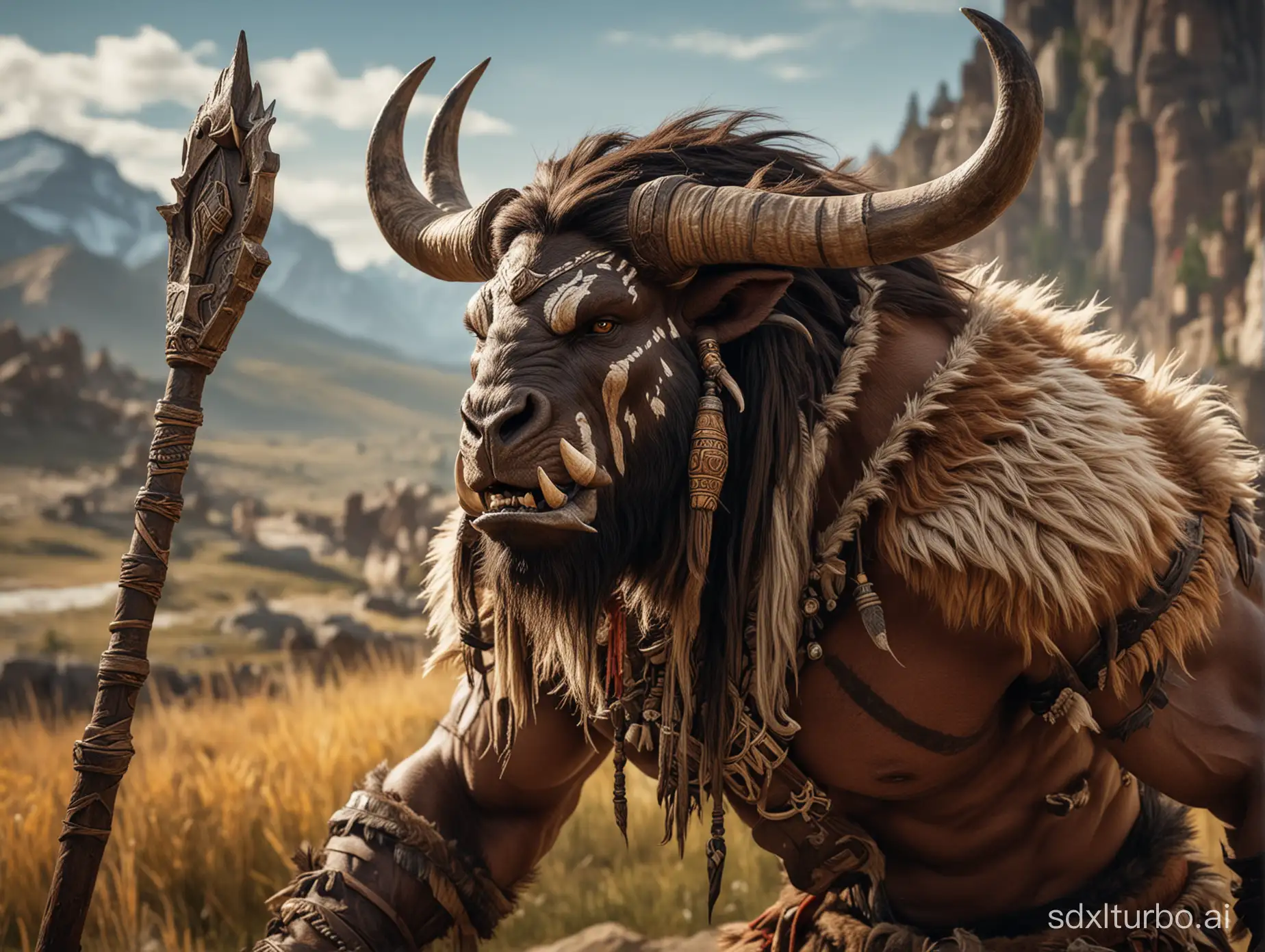 world of warcraft, realistic, Tauren Hunter, skin is furry like a cow, holding a spear, baring his teeth, epic, tribal, warpaint, with the head of a bull, minotaur, in Colorado, totems in background, film photography, high resolution, highly detailed, masterpiece
