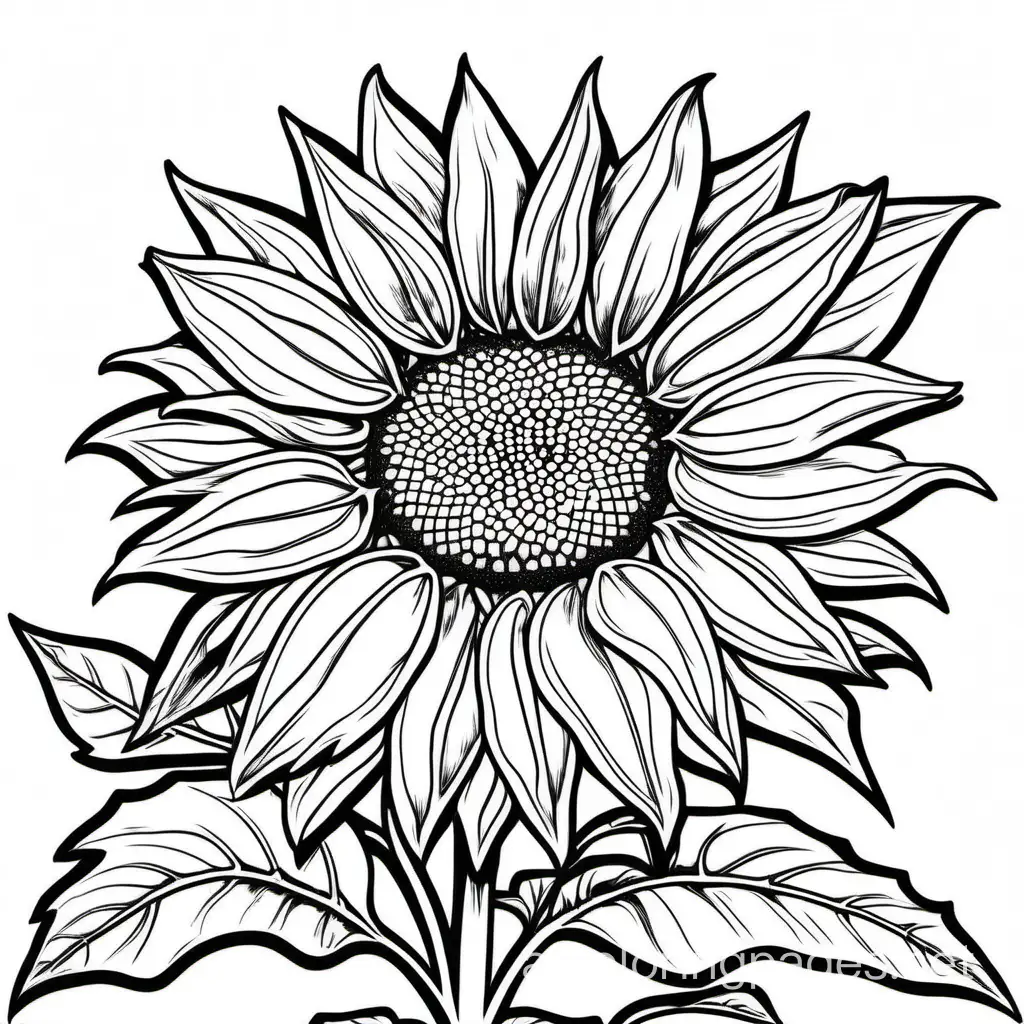 sunflower, Coloring Page, black and white, line art, white background, Simplicity, Ample White Space. The background of the coloring page is plain white to make it easy for young children to color within the lines. The outlines of all the subjects are easy to distinguish, making it simple for kids to color without too much difficulty
