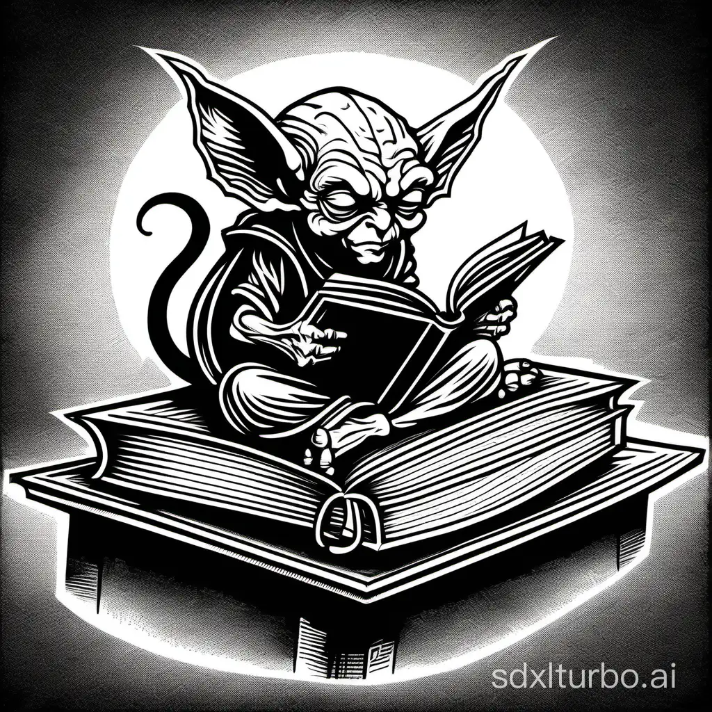 woodcut art, a tiny imp sitting on a table, reading a book, full body, black and white ink, high contrast, heavy lines, vector, no gradients, style of classic AD&D, by Jeff Dee,