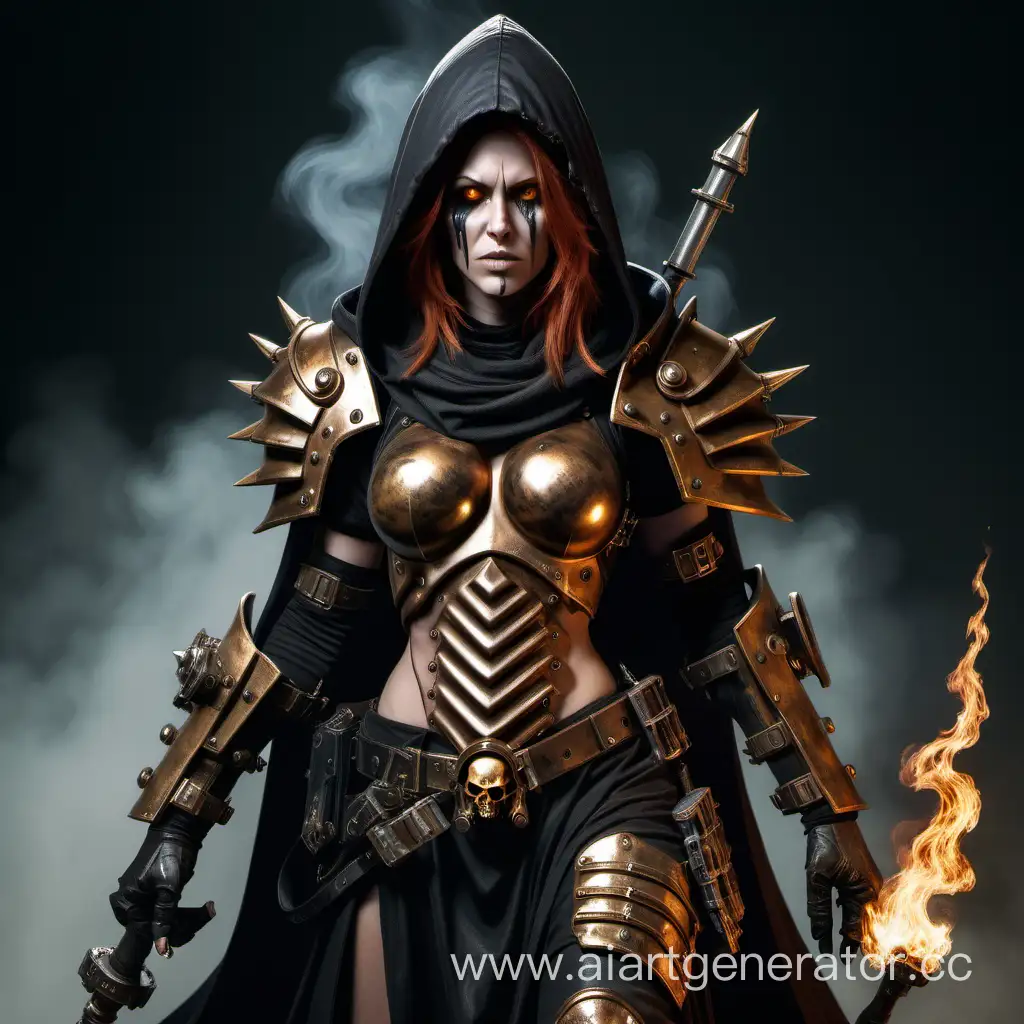 an attractive female sanctioned psyker from Warhammer 40k with tanned skin and gold eyes and chin-length auburn hair, with burn scars over one side of her face, viewed from an angle, wearing a tattered black hooded robe and black gothic old light power armor, with a breastplate over her chest that has pipes and tubes coming out over her shoulders and going into a backpack, holding a burning power staff
