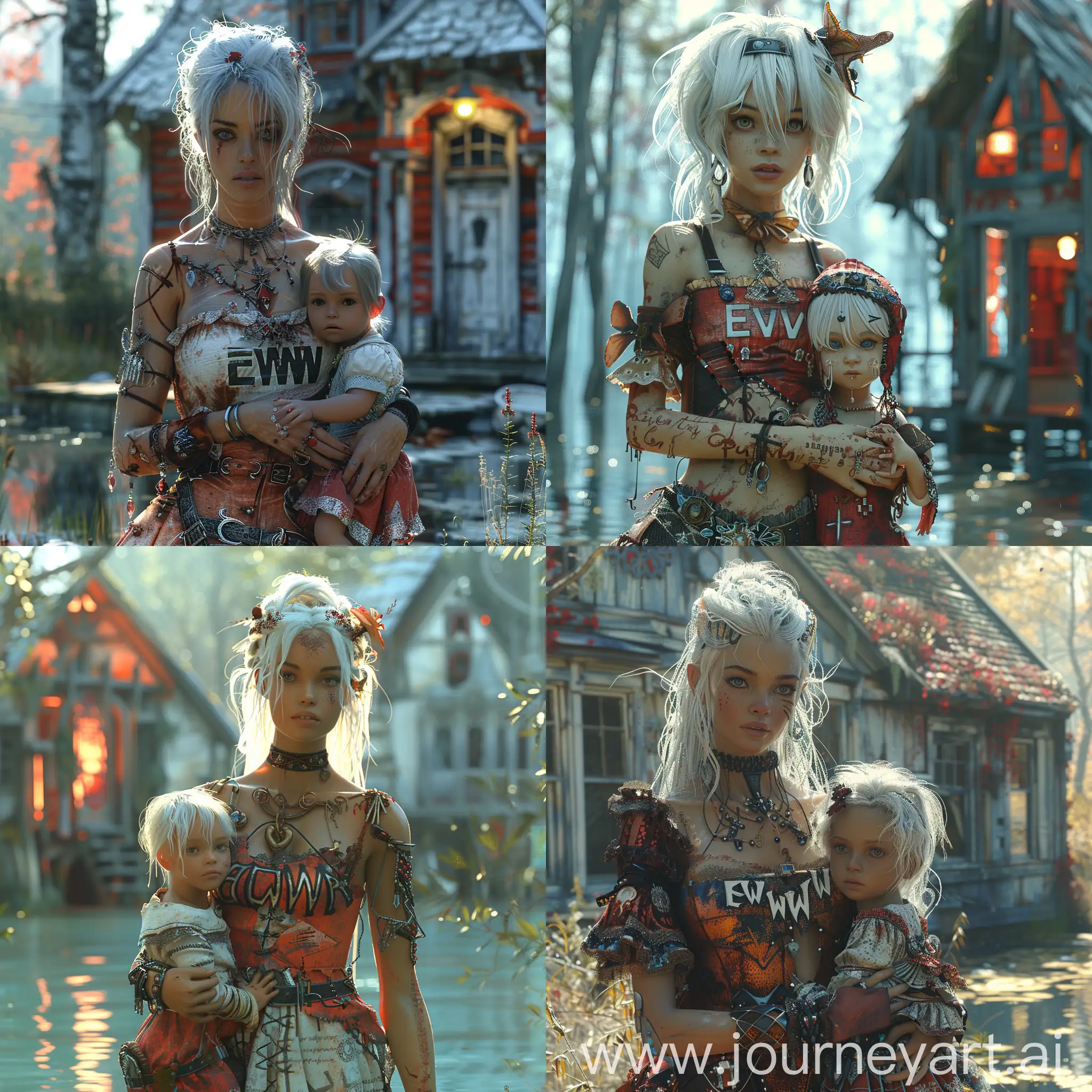 Prompt/Imagine  a 3D model, a fantasy character with white hair and with a dress with the inscription "EWW", stands in front of an old house and hold a little child in her arms with love,  against an ultra-realistic background with high details and surreal elements. vermillion and blue, beautiful light, --stylize 700 --style raw --v 6