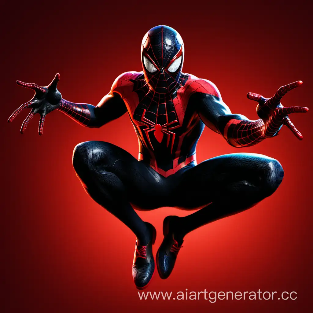 SpiderMan-Miles-Strikes-a-Dynamic-Pose-against-a-Vibrant-Red-and-Black-Backdrop