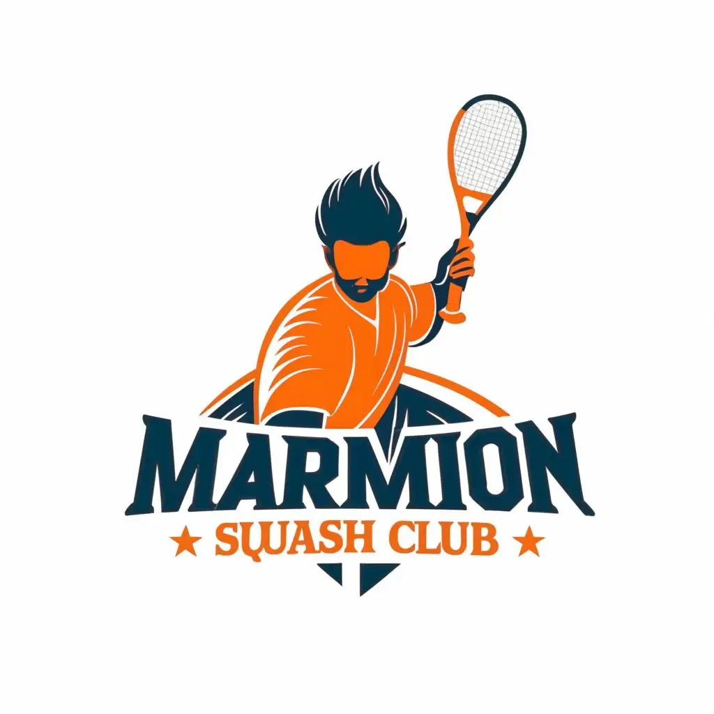 logo, A guy with a squash racquet with hairs highlighted, with the text "MARMION SQUASH CLUB", typography, be used in Sports Fitness industry