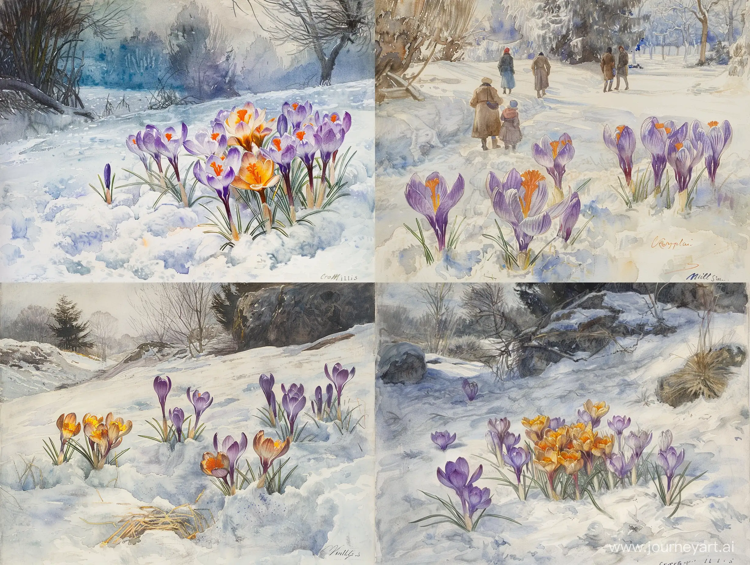 Vibrant-Crocuses-in-Snow-Classical-Watercolor-Painting-by-Millais