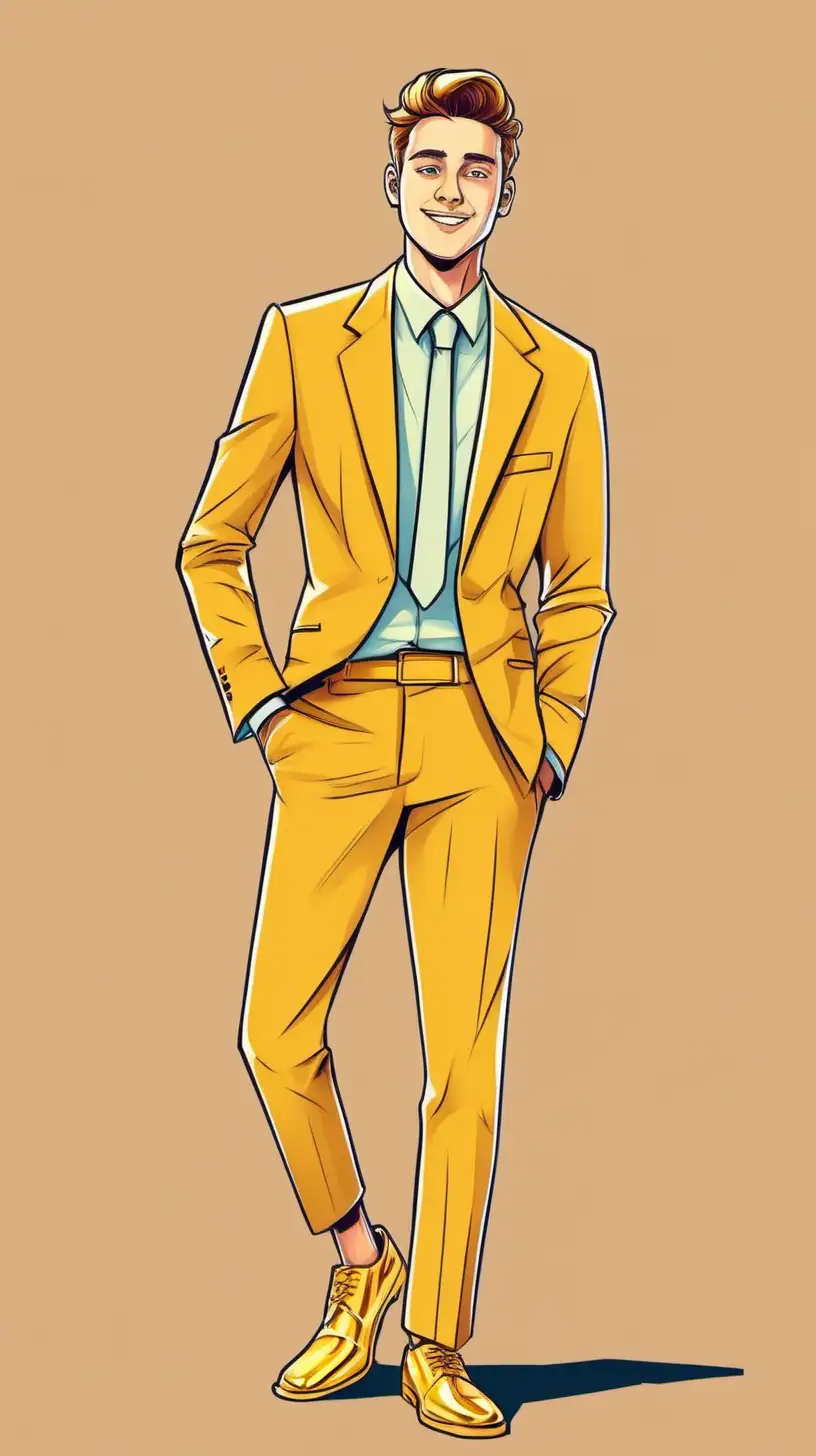 Cartoony, color:   Full frame.   Flat angle. We can see his shoes.  Young man  wearing  a golden suit looks straight  at us lovingly.  Simple background 