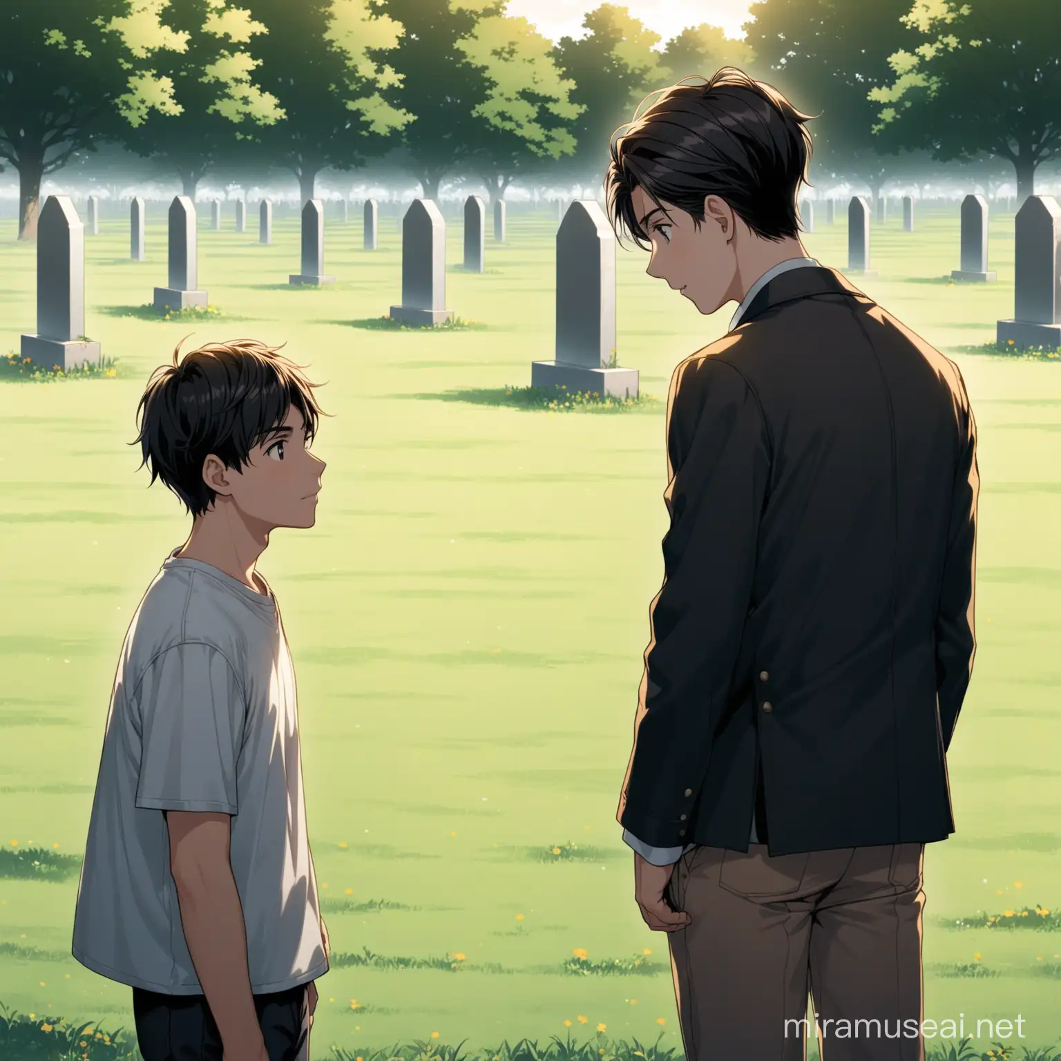 A 25year old man and a 15 year old boy talking near a grave