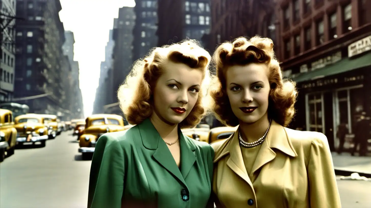 Marie Wilson and Cathy Lewis standing next to each other, circa 1947, looking at the camera with a New York street behind them. Full color, Art Nouveau style.