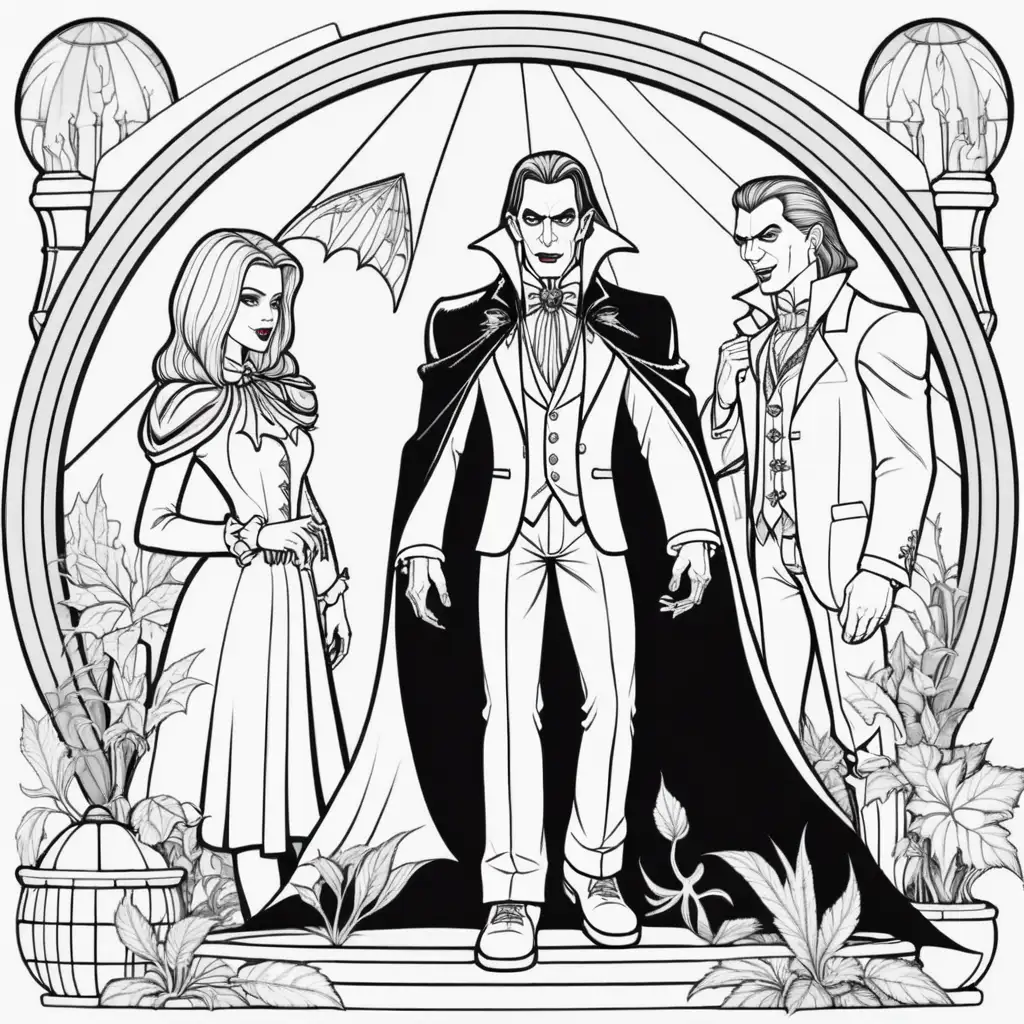 
vampires with cape
 inside
 terrarium
, coloring book, back and white, no gray scale, clear, -- ar 9:11