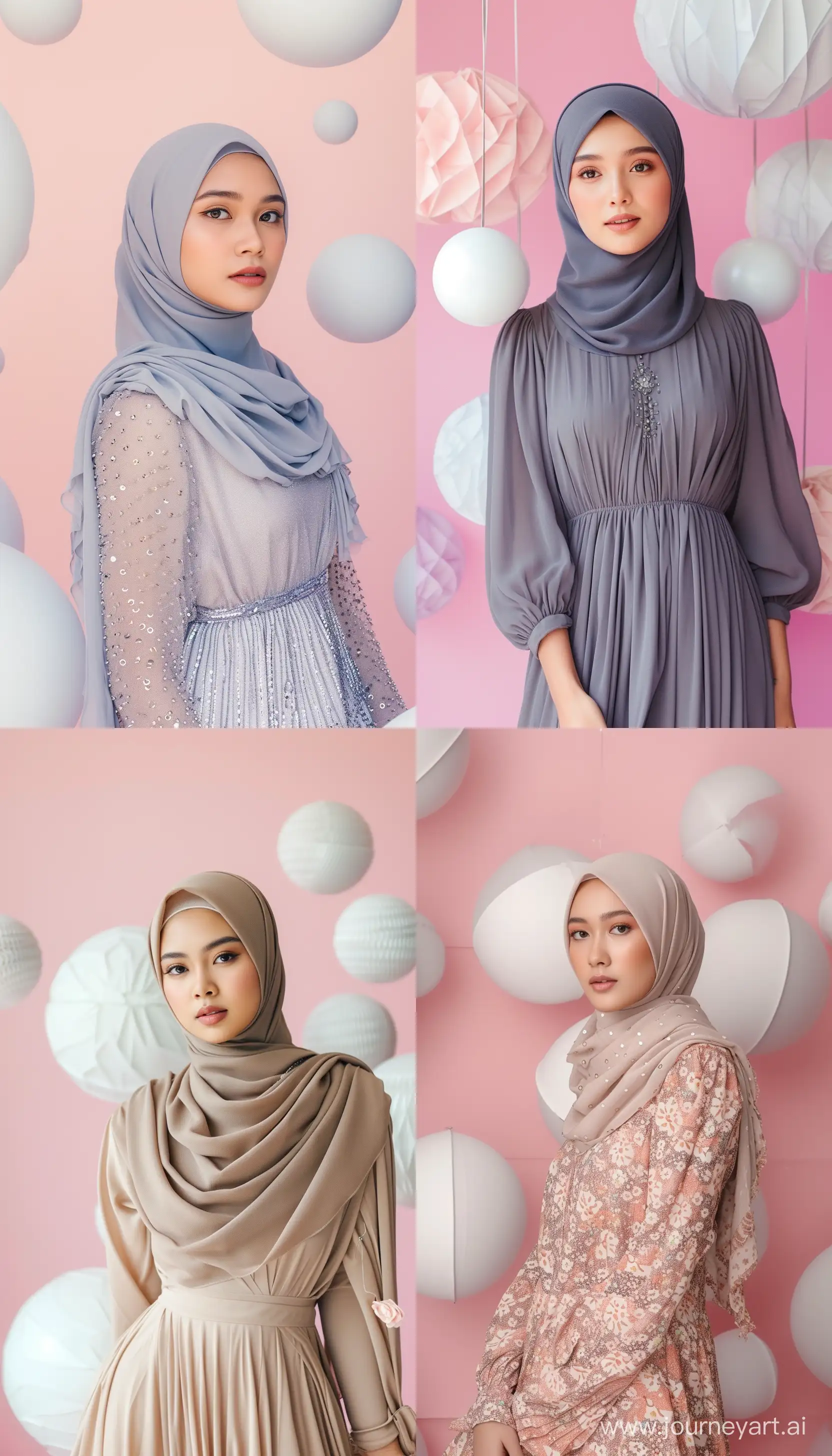 Stunning young Indonesian woman wearing hijab dress standing against group of divided spheres, pale pink background, high quality photography, full shot --ar 4:7 --v 6