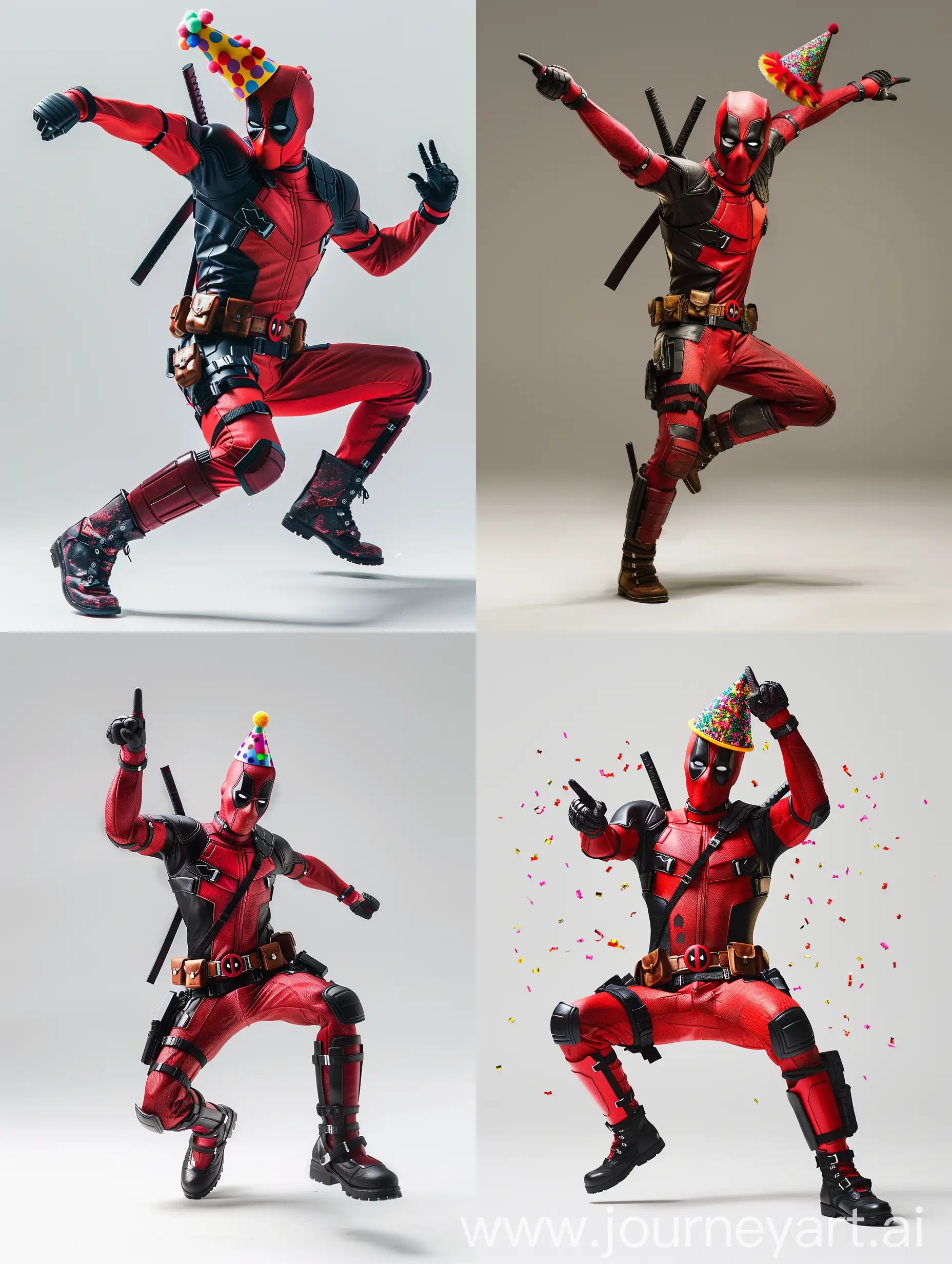 (((Marvel Deadpool ))) (((dancing pose ))))with a (((birthday hat))) in full body view with boots in view  (photoshoot) ((8K))