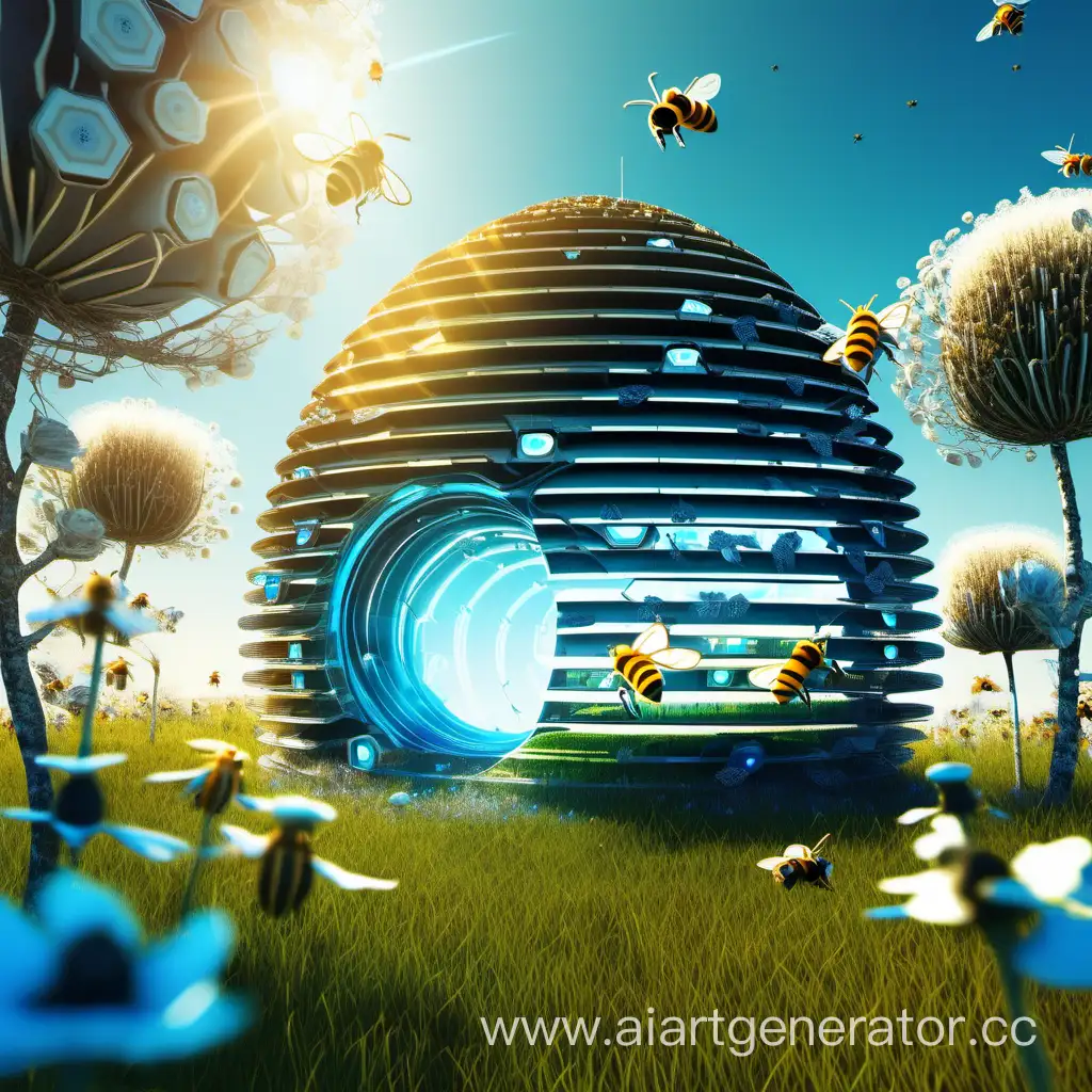 Futuristic-Cyborg-Bees-in-Digital-Hive-Amidst-Blooming-Garden