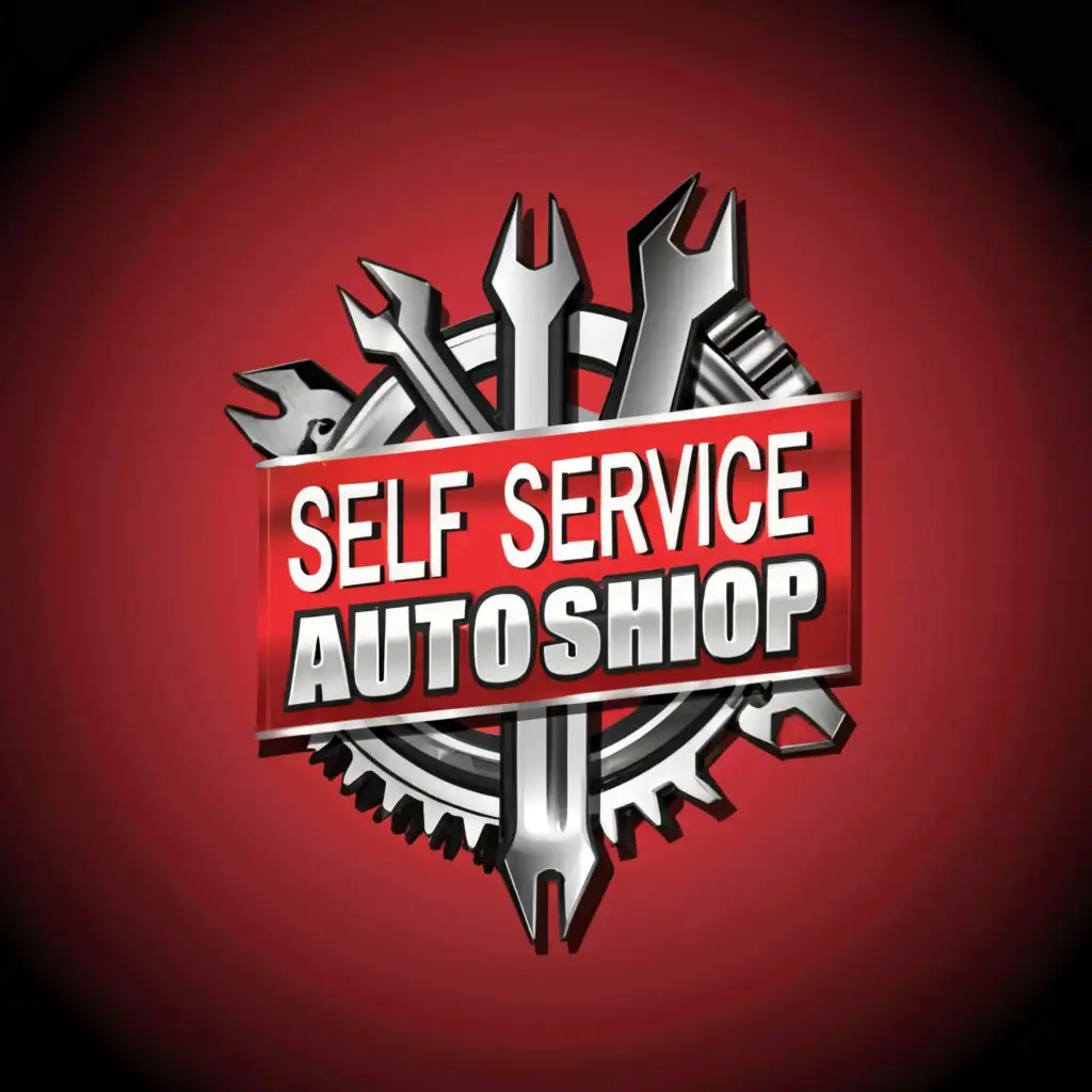 a logo design,with the text "Self Service AutoShop", main symbol:tools for related auto shop and car and with technician man the text is color red the tagline is DIY AUTO CARE and oblong shape logo and please make sure the spelling is correct white background only and the text is 3d vertically,Moderate,be used in Automotive industry,clear background