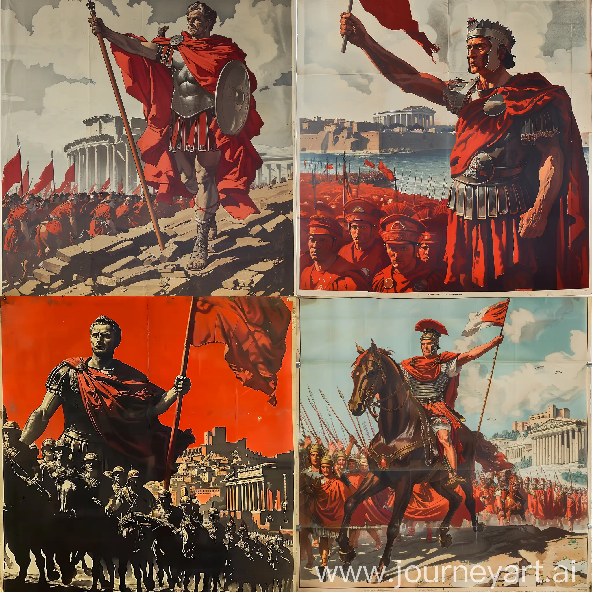 soviet propaganda style poster of julius caesar as he crosses the rubicon and marches on rome, patriotic
