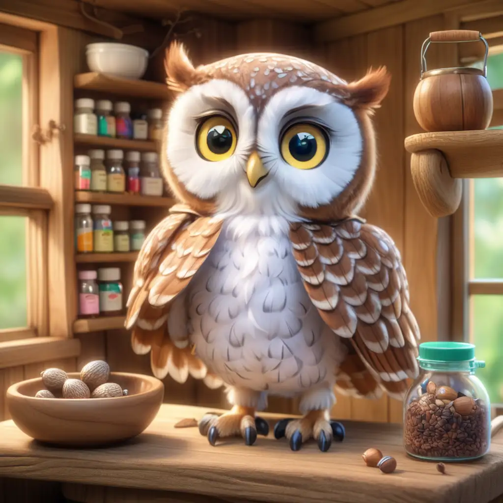 The world's cutest owl little sister , she is a pharmacist and loves making medicine, her mixing bowl is an acorn, she works in a tree house