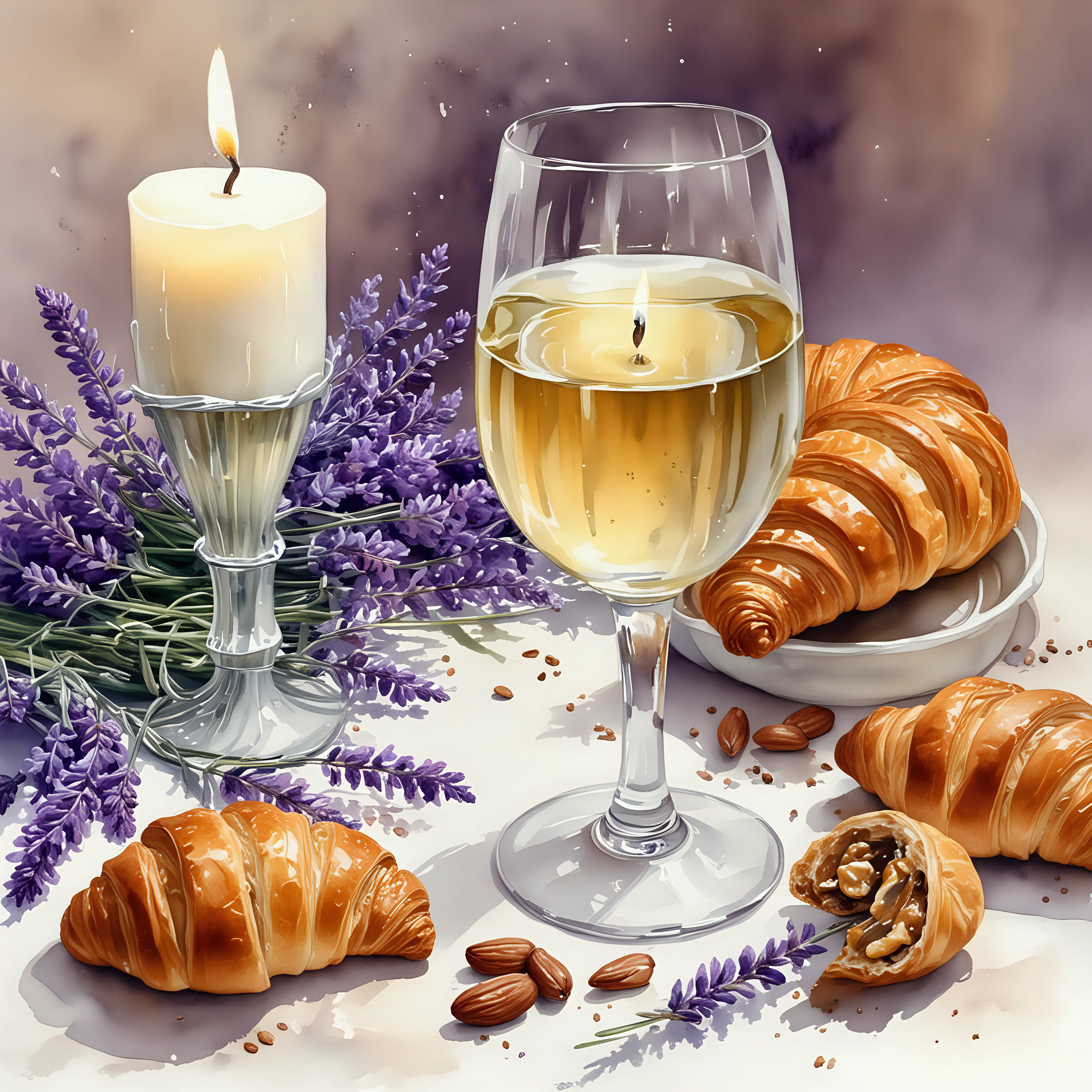 image drawn in watercolor: a glass of white wine, and 12 nuts near the glass , a bouquet of lavender nearby and croissants around, candle wax and spiderweb in the corner