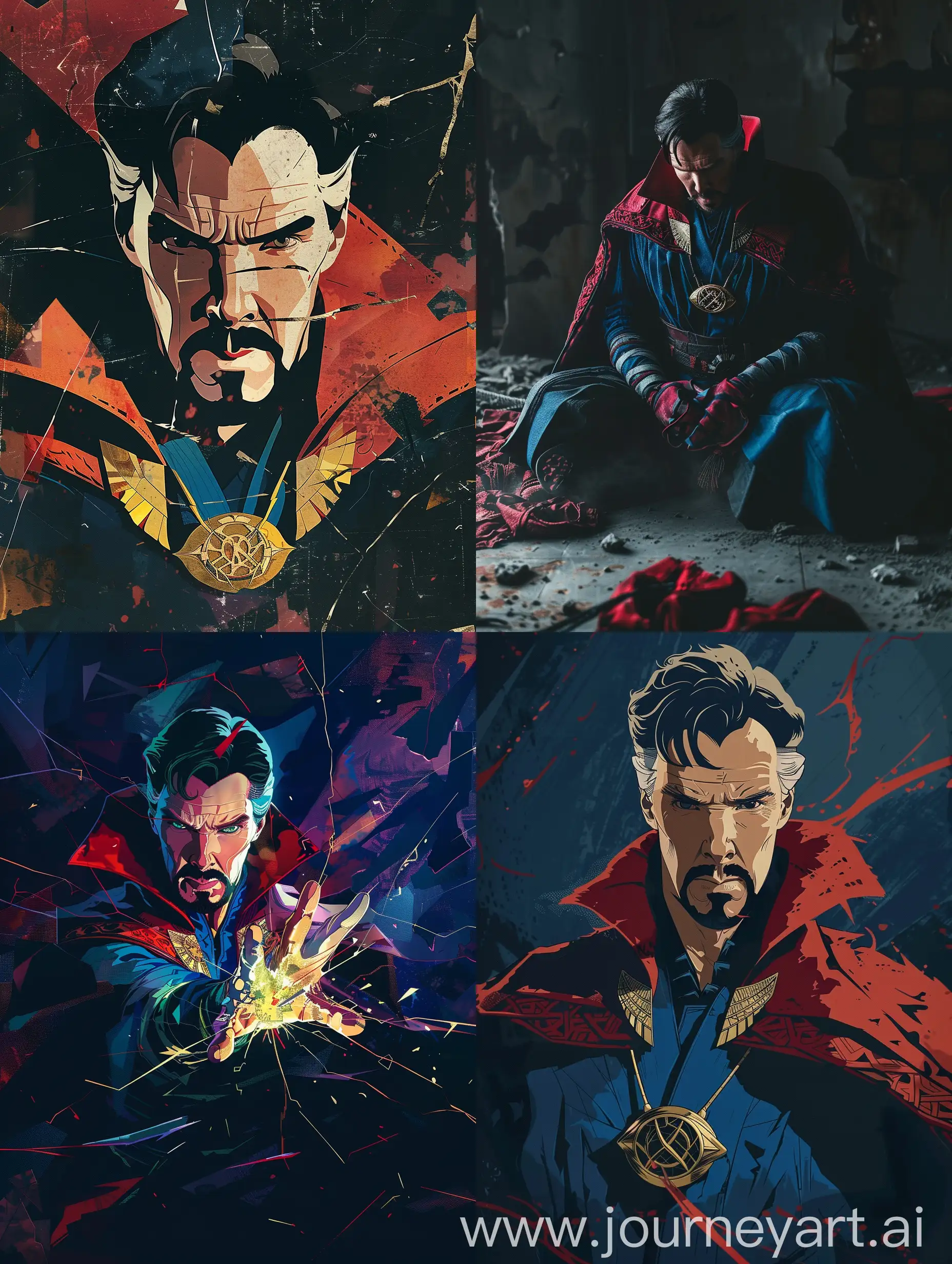 Doctor Strange in ripped, torn, out. In a dark room. 
