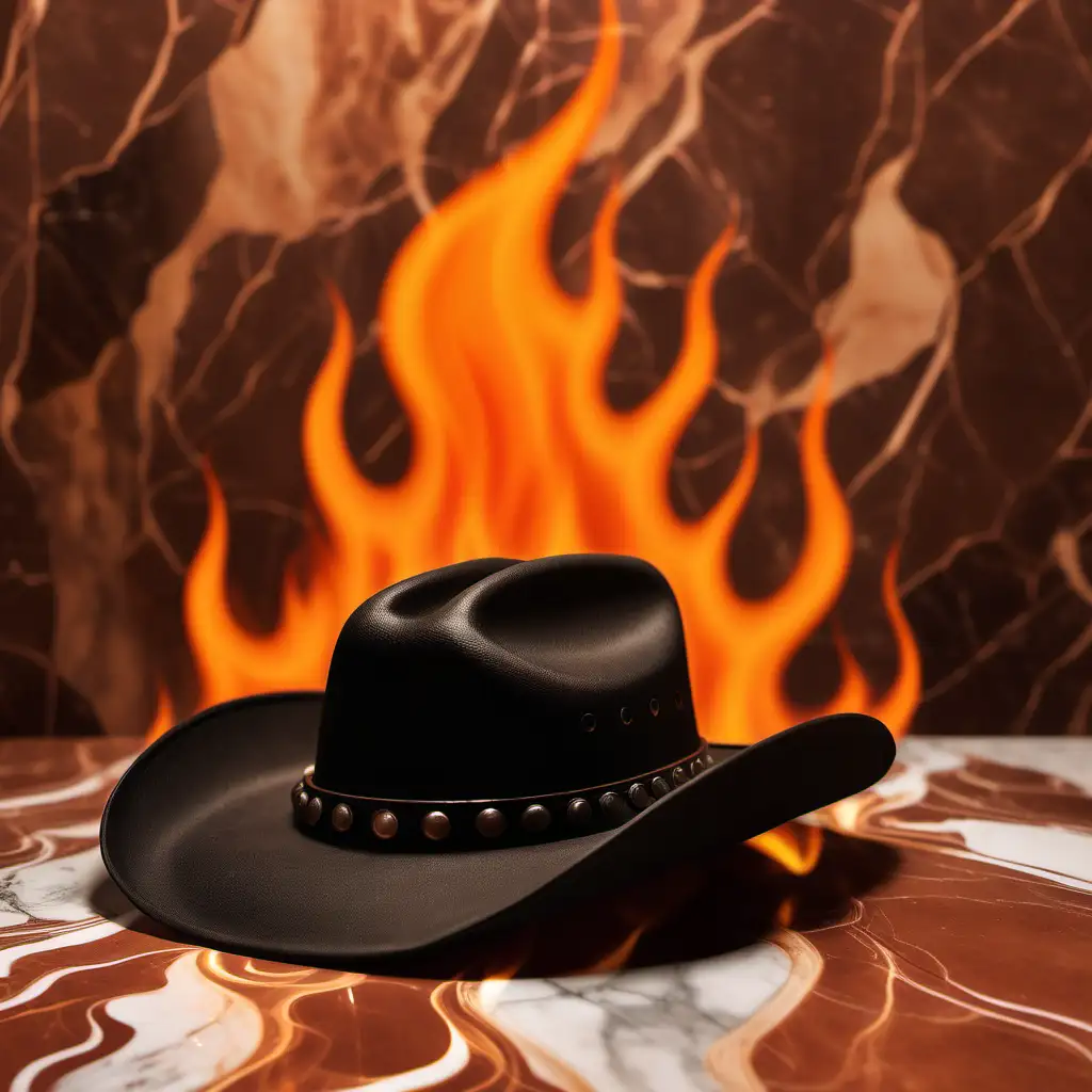 black cowboy hat against brown marble background with flames