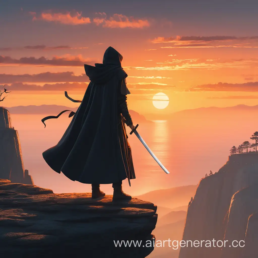 Mysterious-Figure-with-Katana-Overlooking-Sunset-Cliff