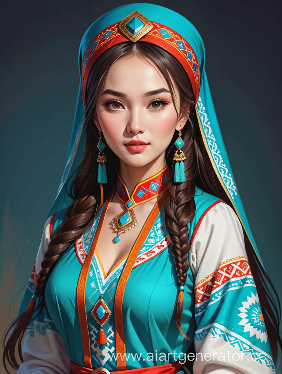Traditional-Kazakh-Girl-in-Exquisite-National-Dress-Illustration